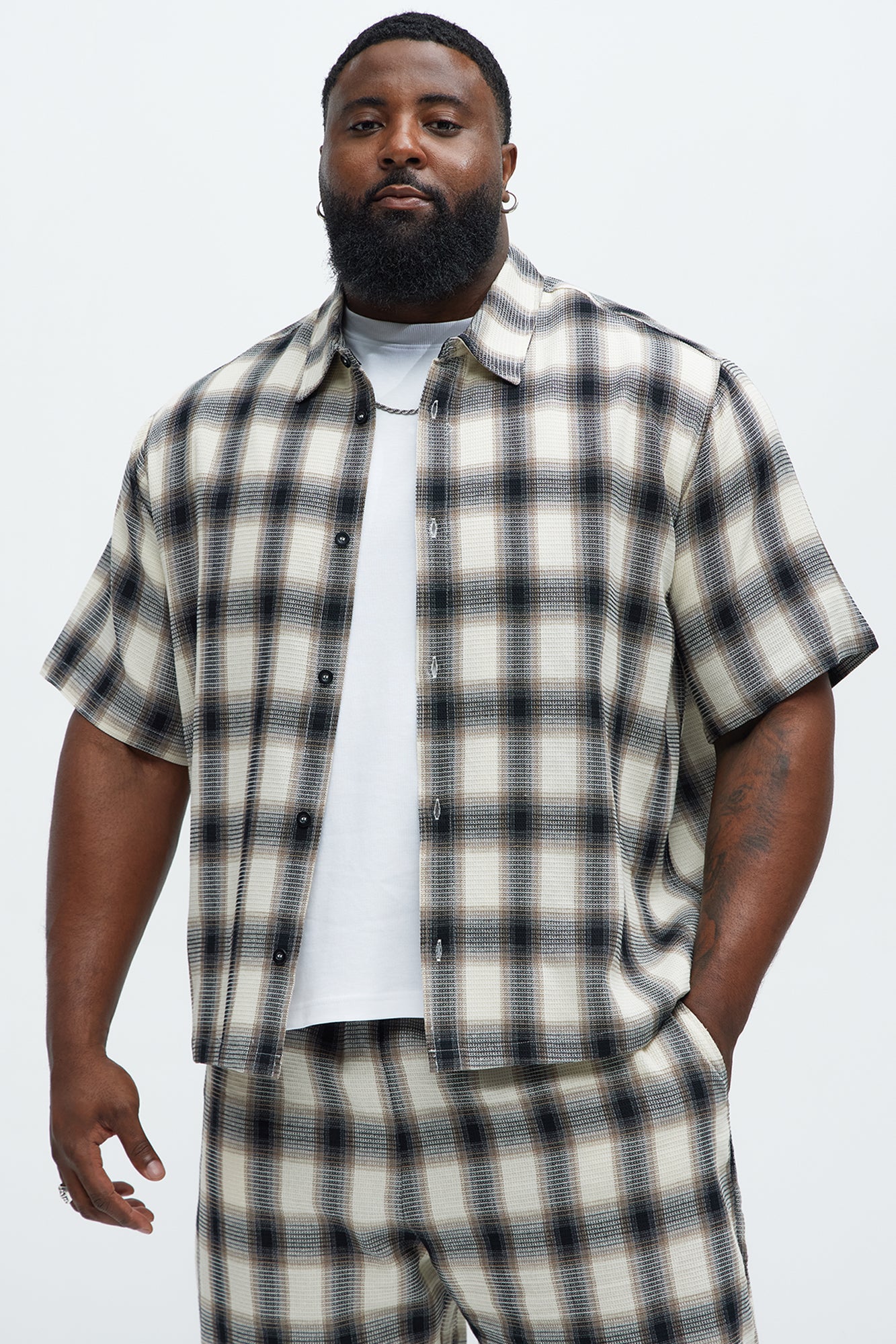 Plaid Waffle Texture Button Up Shirt - Black/combo - Image 5