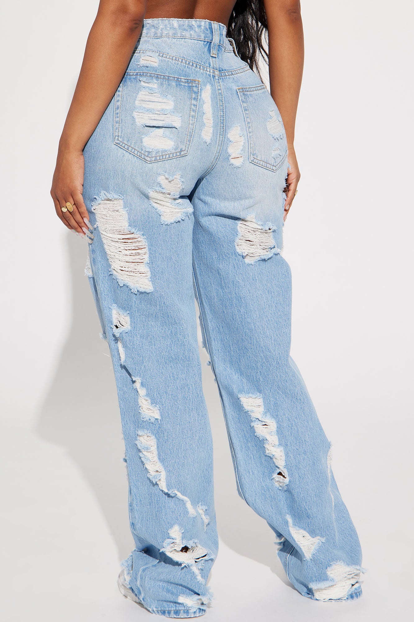 Summer Fling Destroyed Foldover Baggy Jean - Light Wash - Image 3