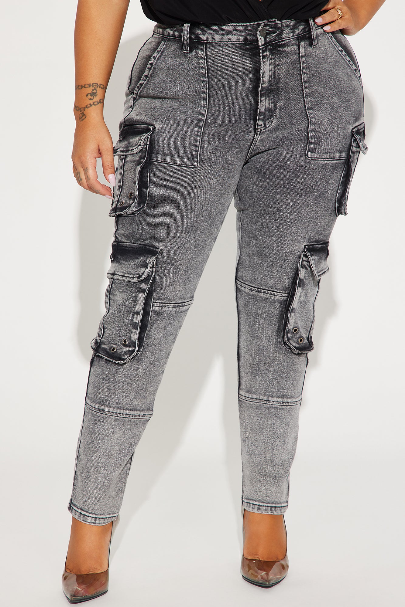 Dealing With It Cargo Stretch Skinny Jeans - Acid Wash Black - Image 6