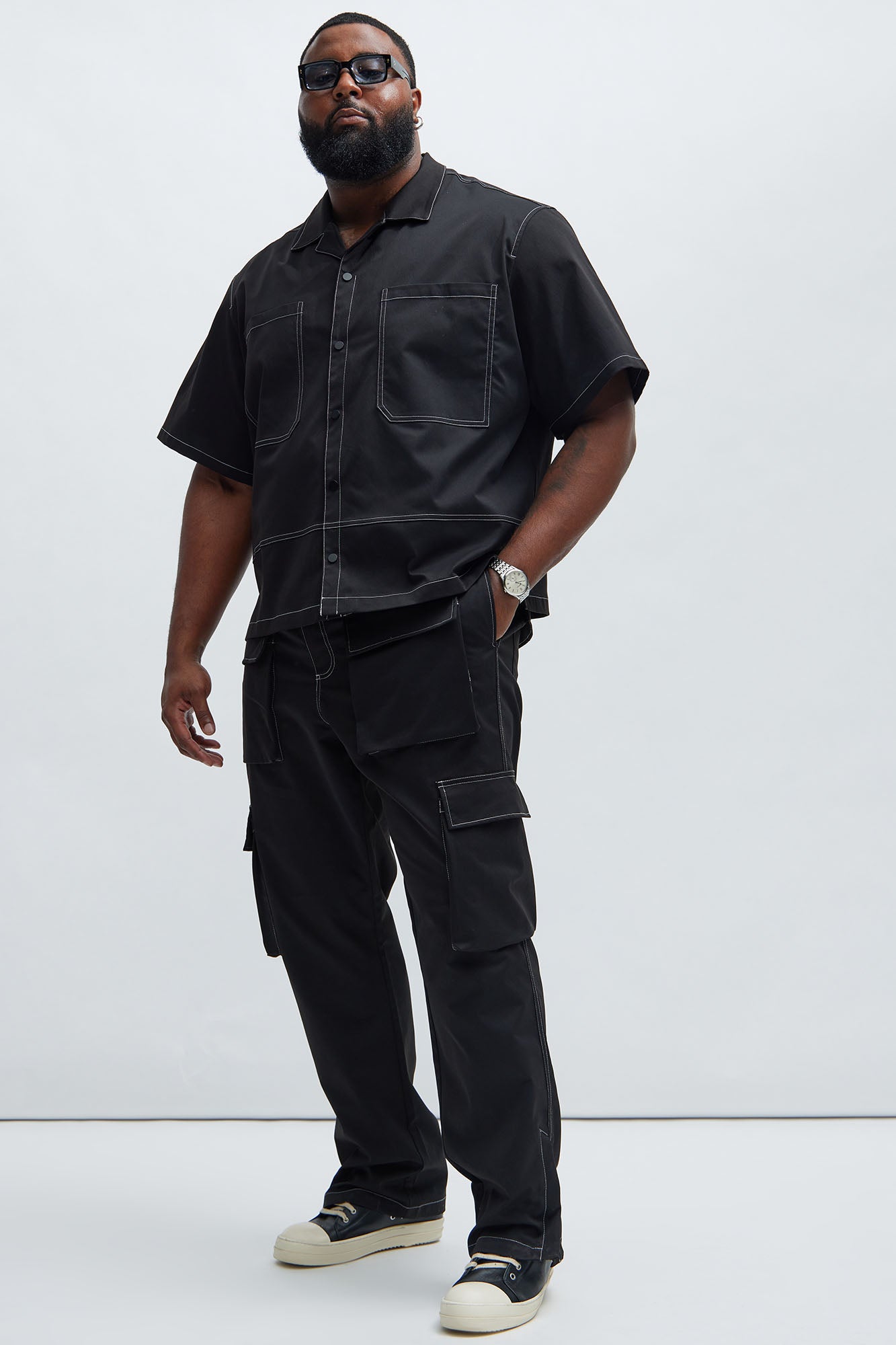Curtis Contrast Stitch Relaxed Cargo Pants - Black - Image 8