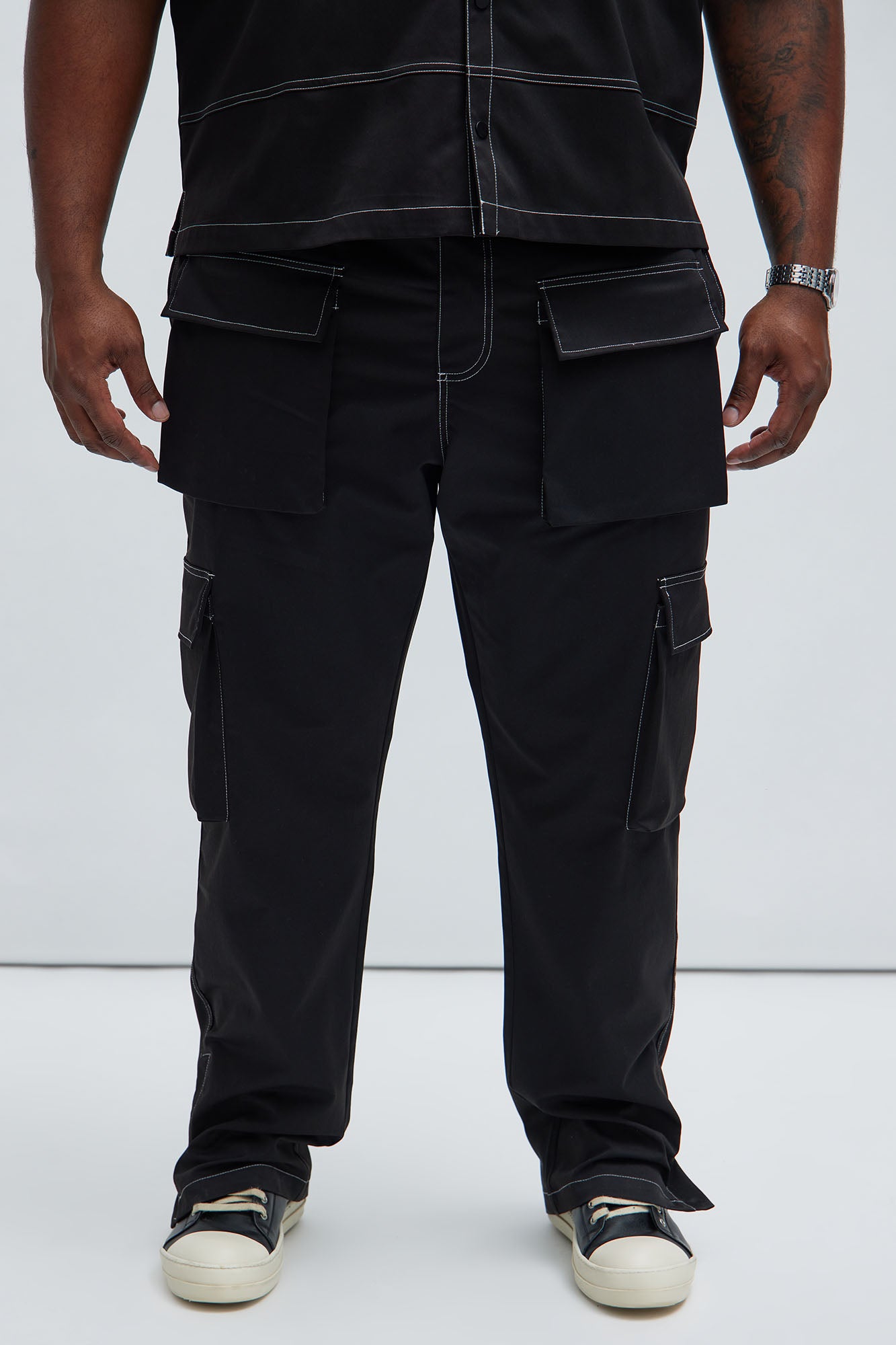 Curtis Contrast Stitch Relaxed Cargo Pants - Black - Image 7