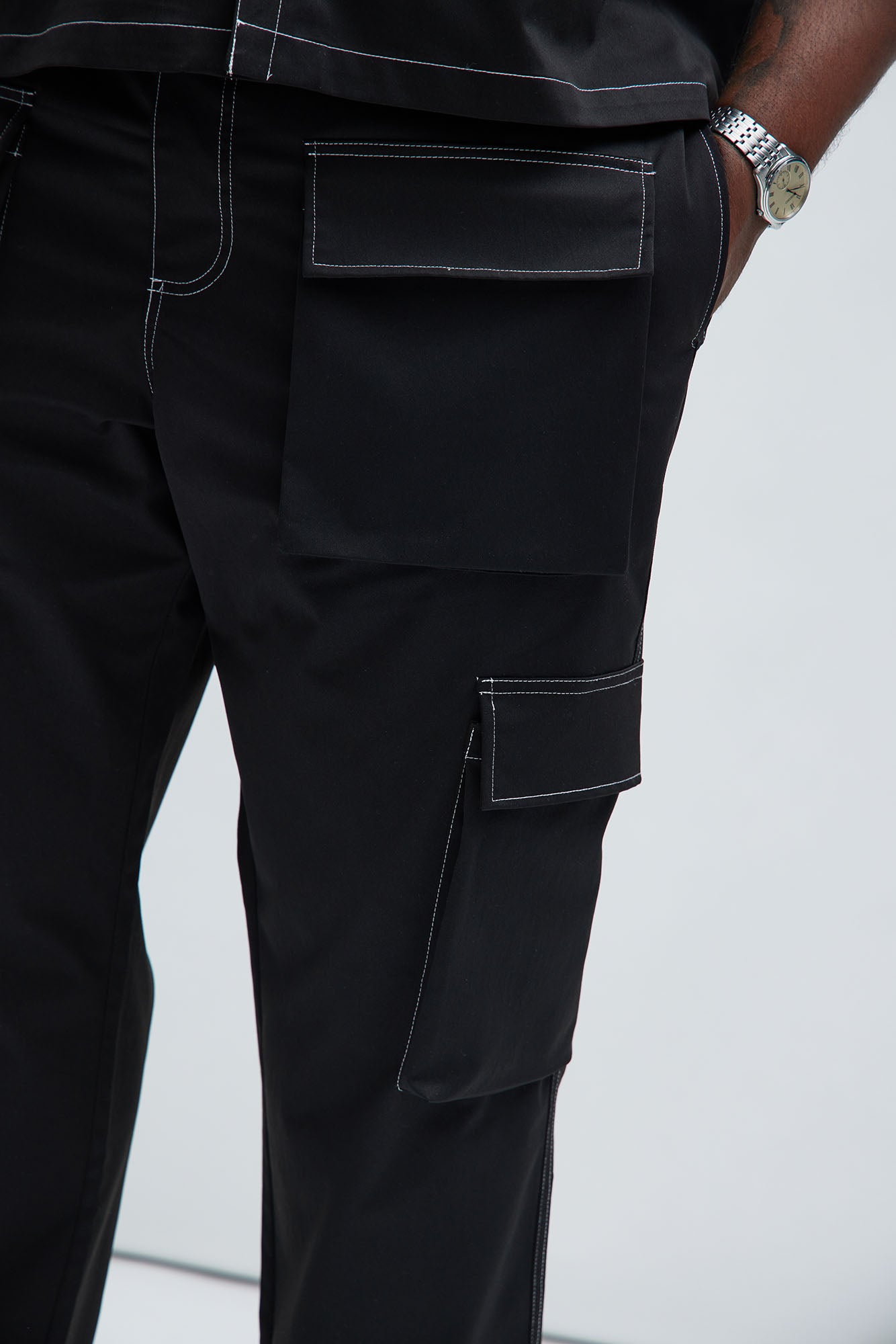 Curtis Contrast Stitch Relaxed Cargo Pants - Black - Image 9