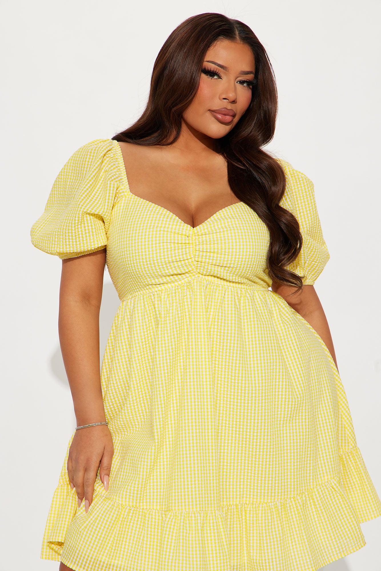 Brenda Gingham Babydoll Mini Dress - Yellow - Image 4