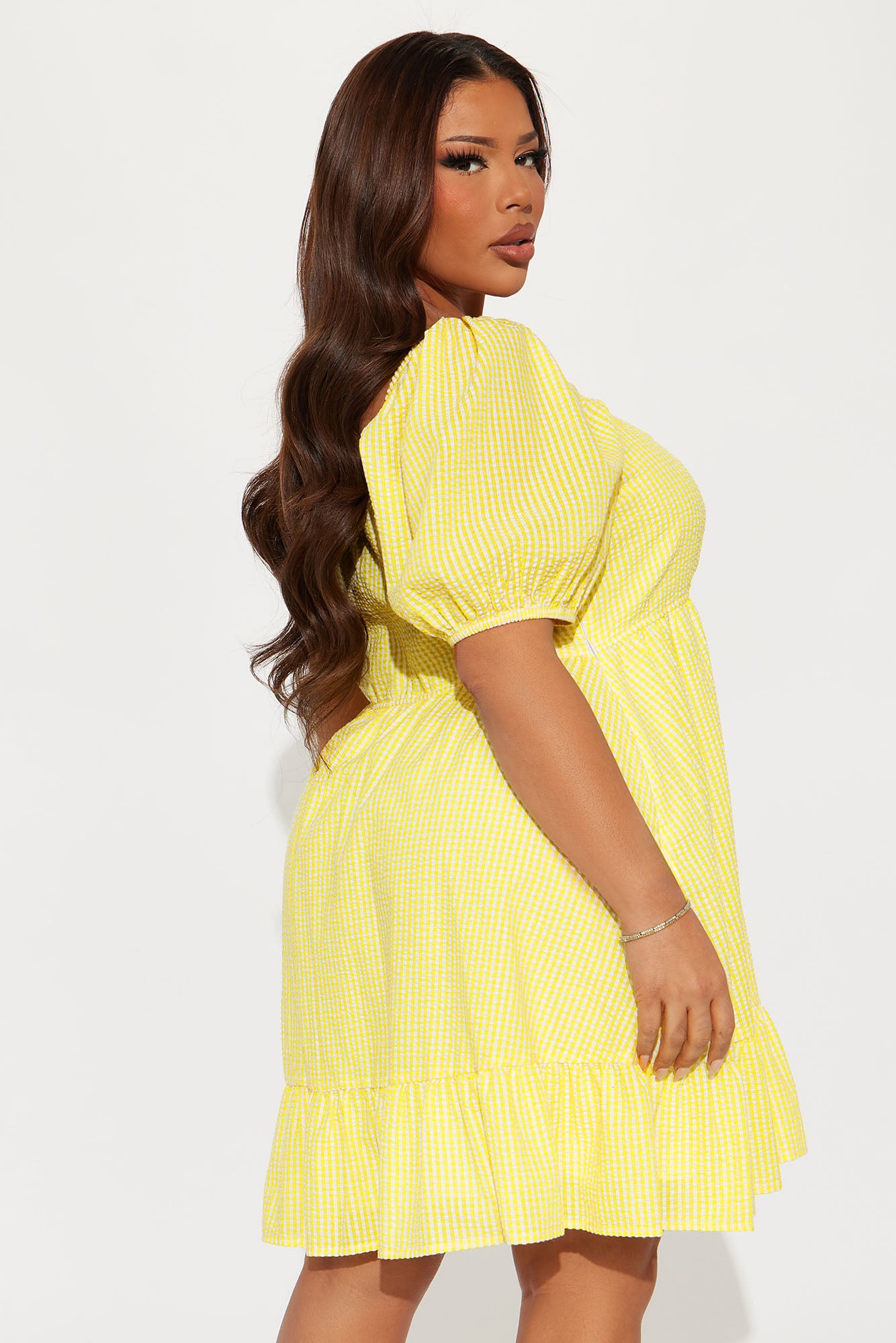 Brenda Gingham Babydoll Mini Dress - Yellow - Image 6