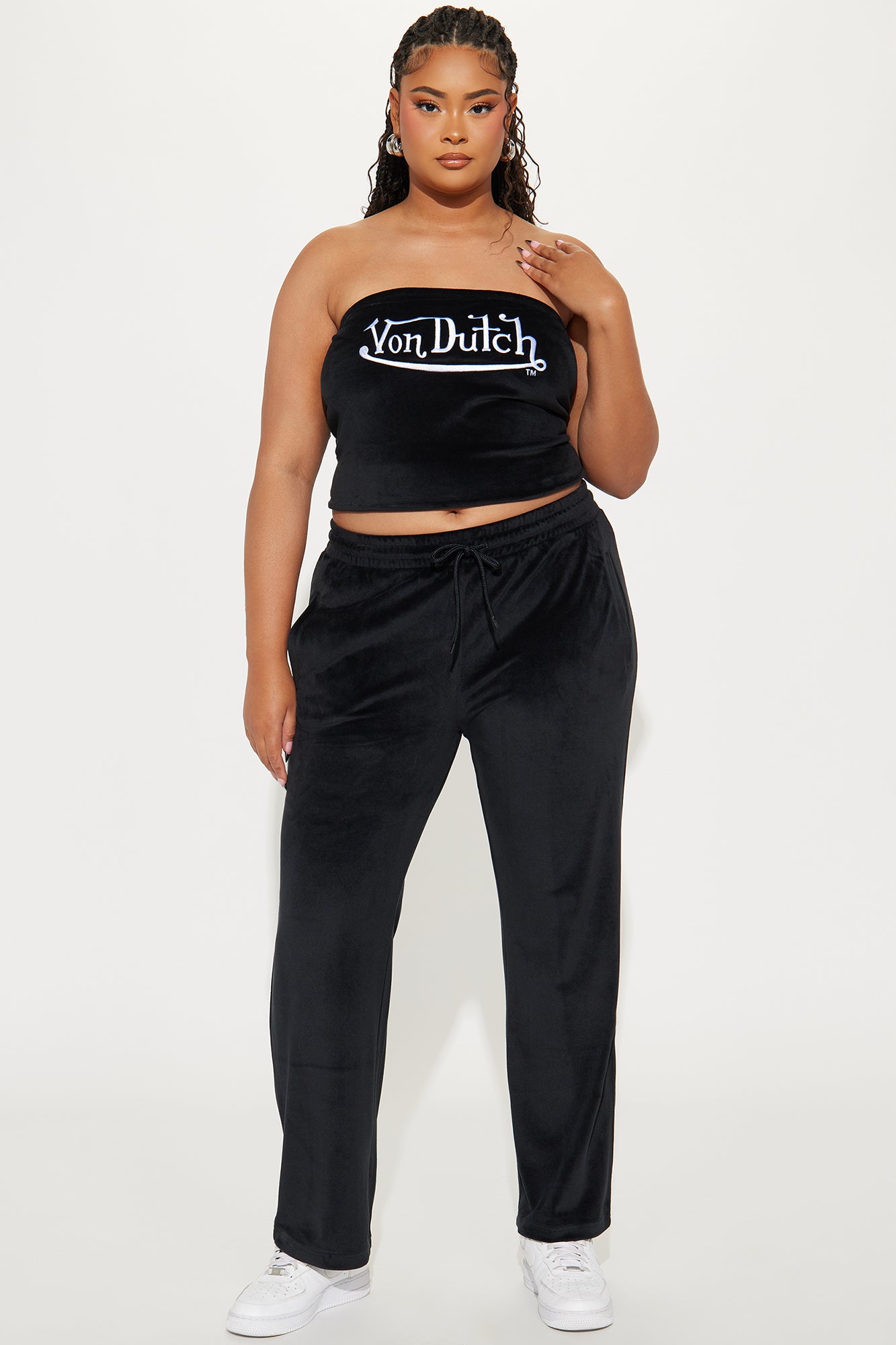 Von Dutch Velour Wide Leg Pant - Black/White - Image 5