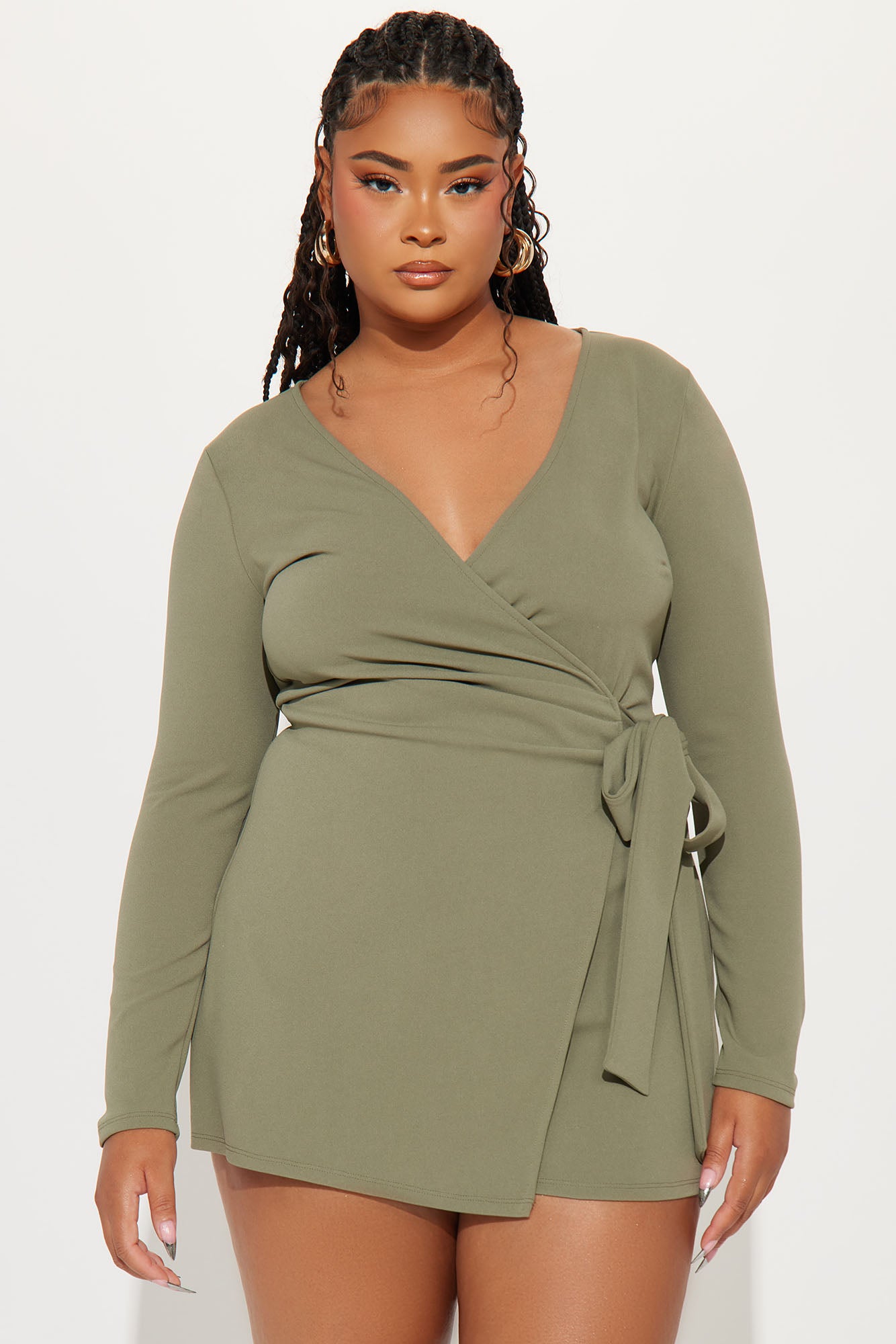 Alina Crepe Long Sleeve Romper - Olive - Image 5