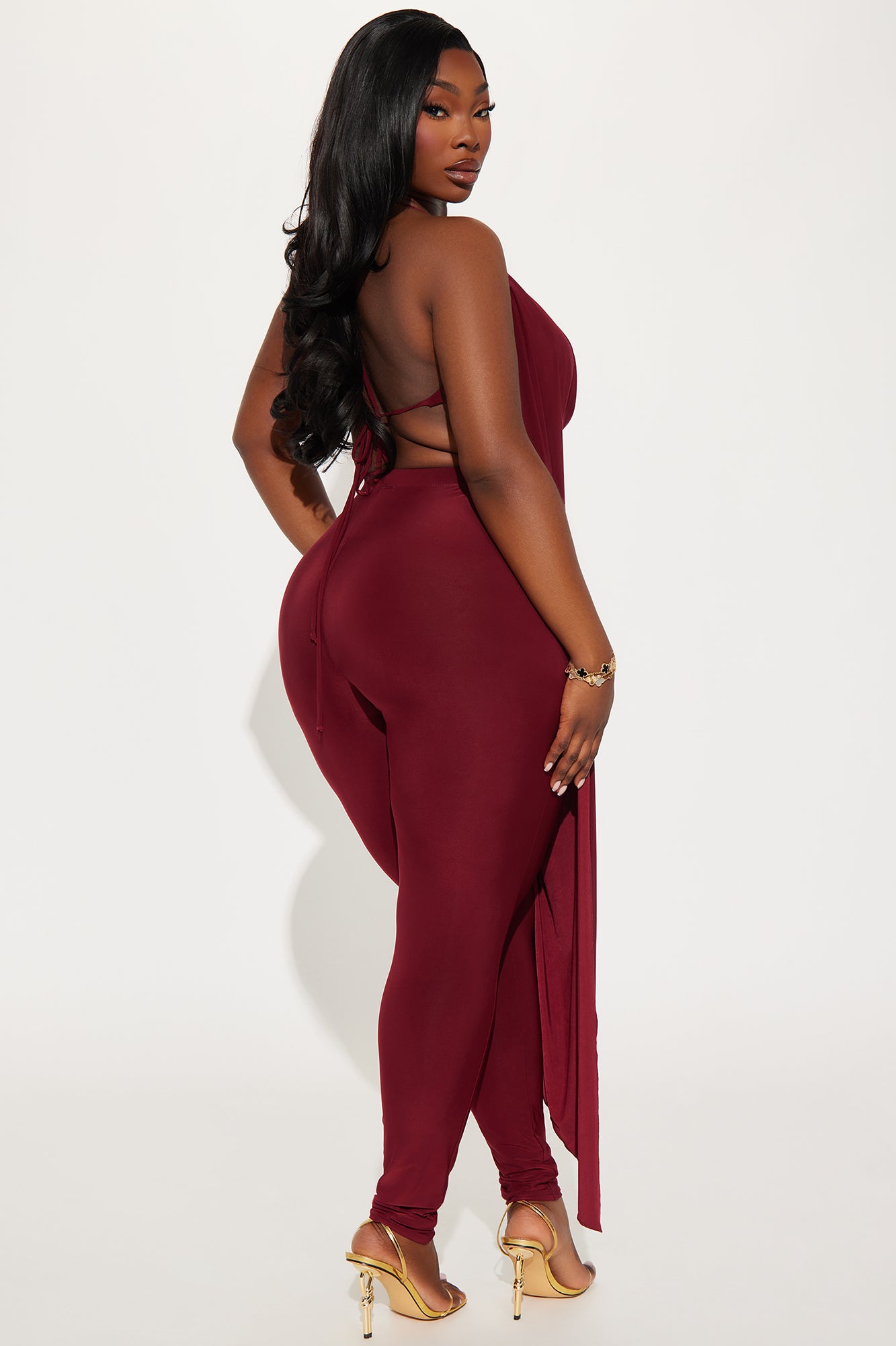 Divine Cowl Halter Top And Pant Set - Burgundy - Image 3
