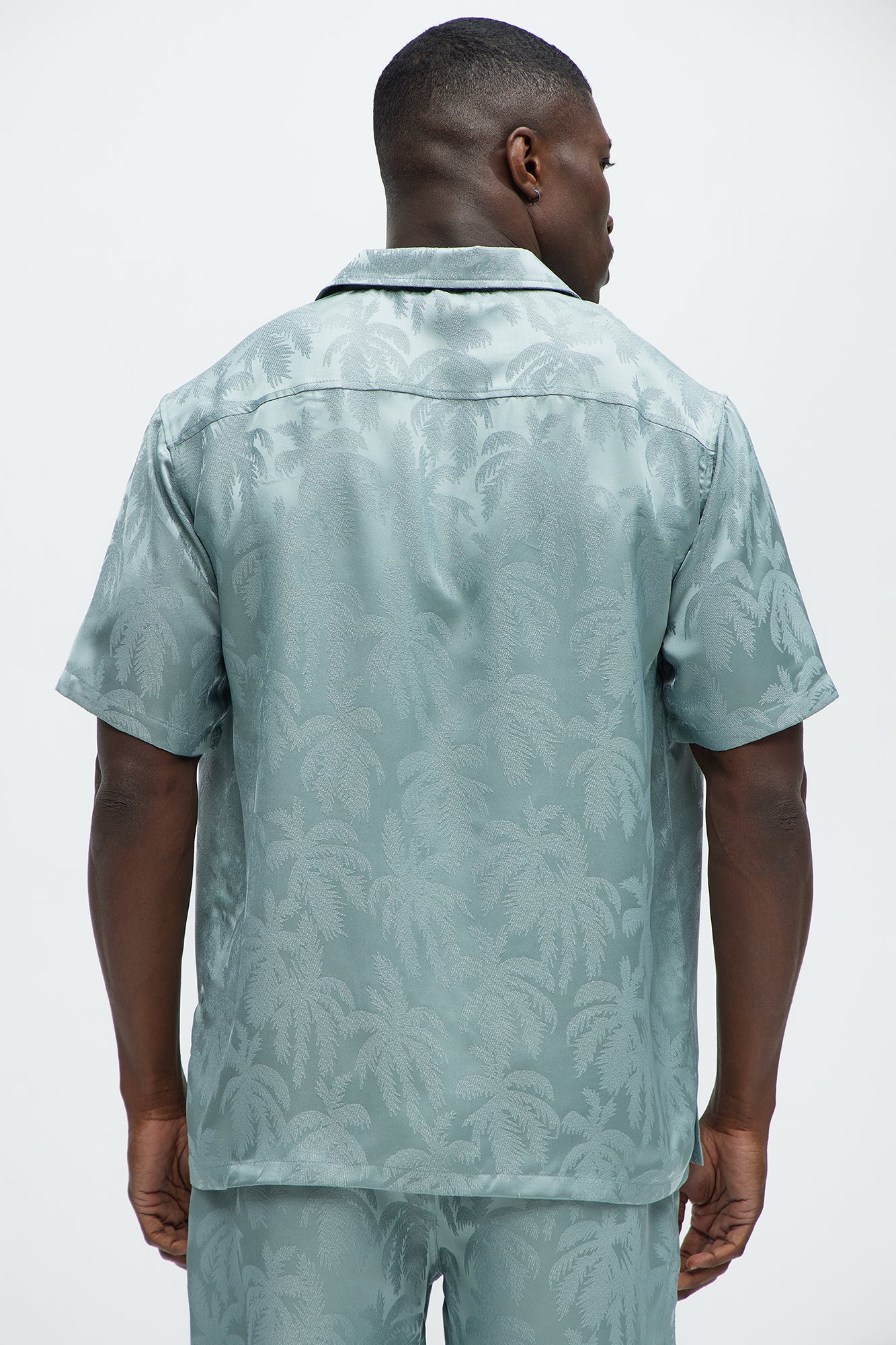 Palm Trees Jacquard Short Sleeve Button Up Shirt - Green - Image 3