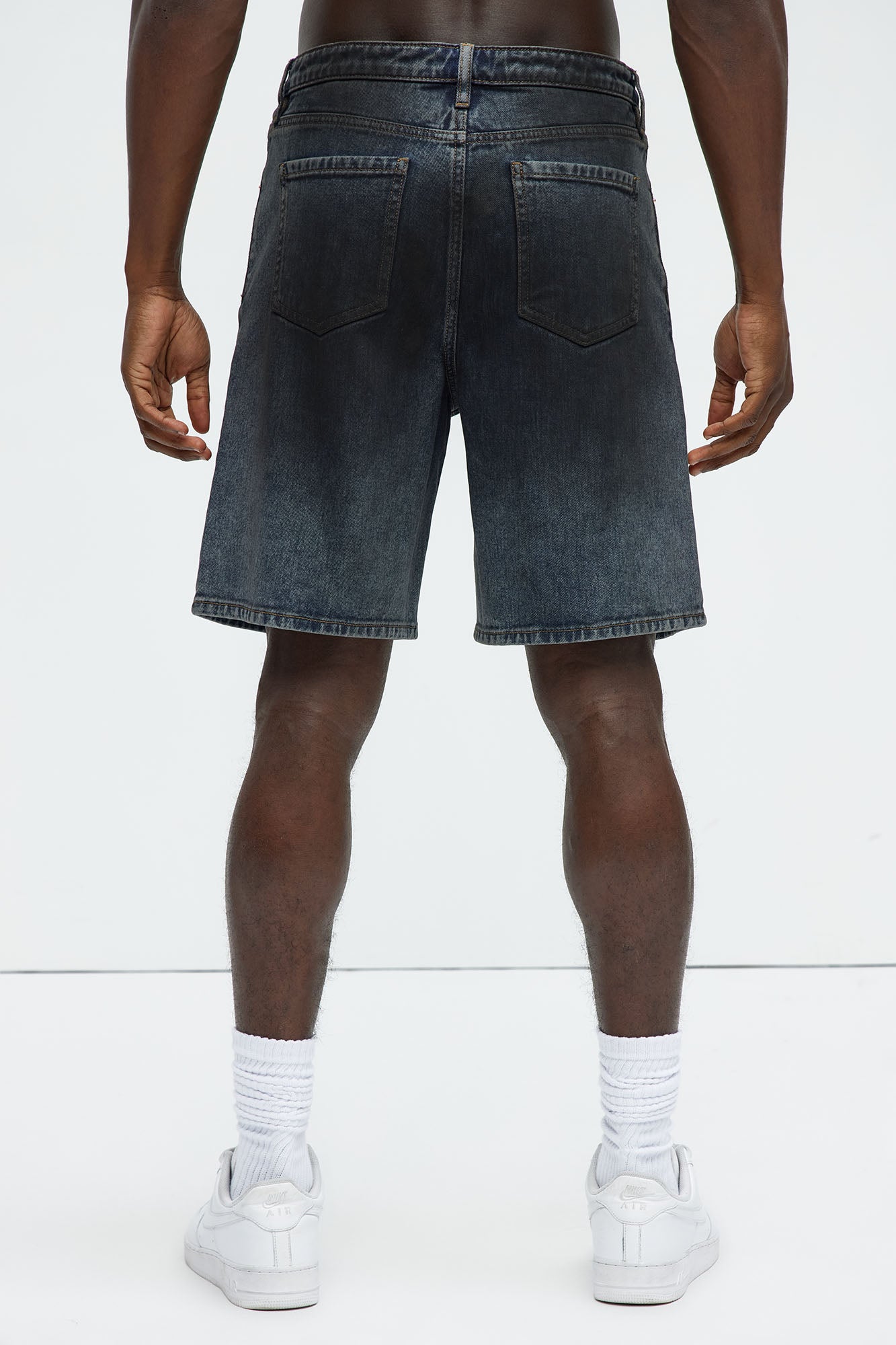 Oil Stained Relaxed Denim Shorts - Dark Wash - Image 4