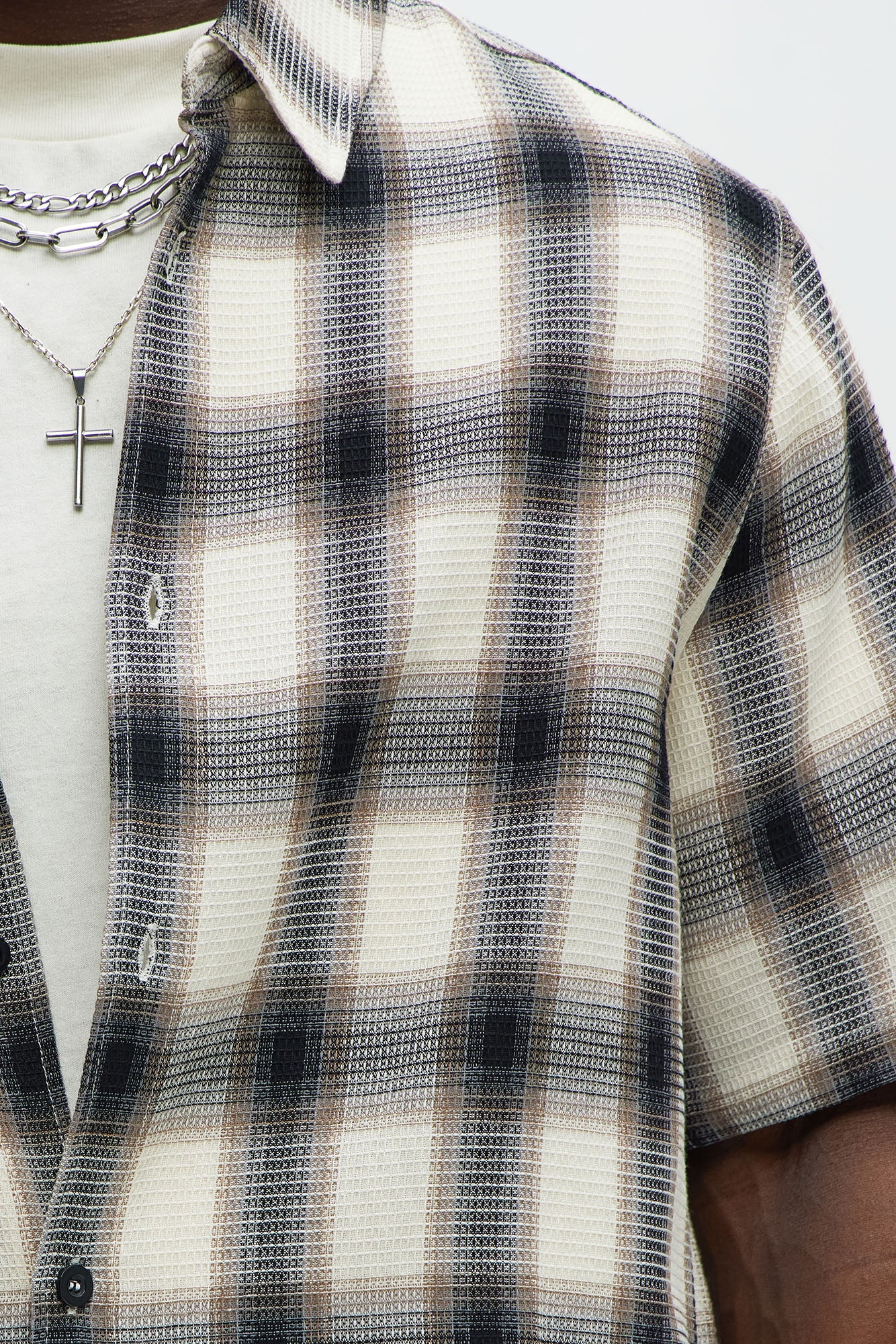 Plaid Waffle Texture Button Up Shirt - Black/combo - Image 3