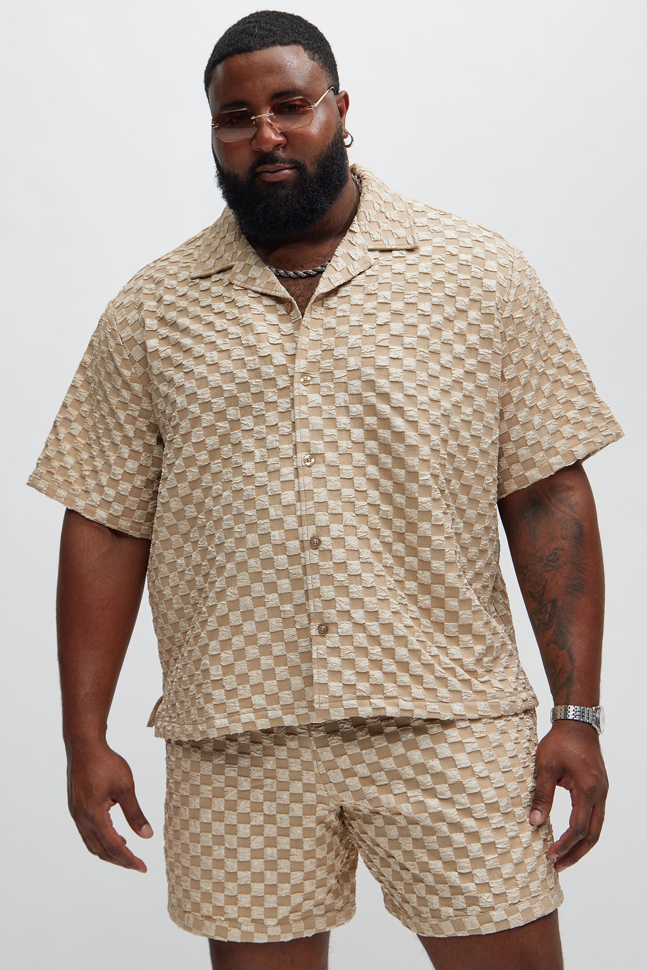 Crinkled Checkers Shirt - Tan - Image 5