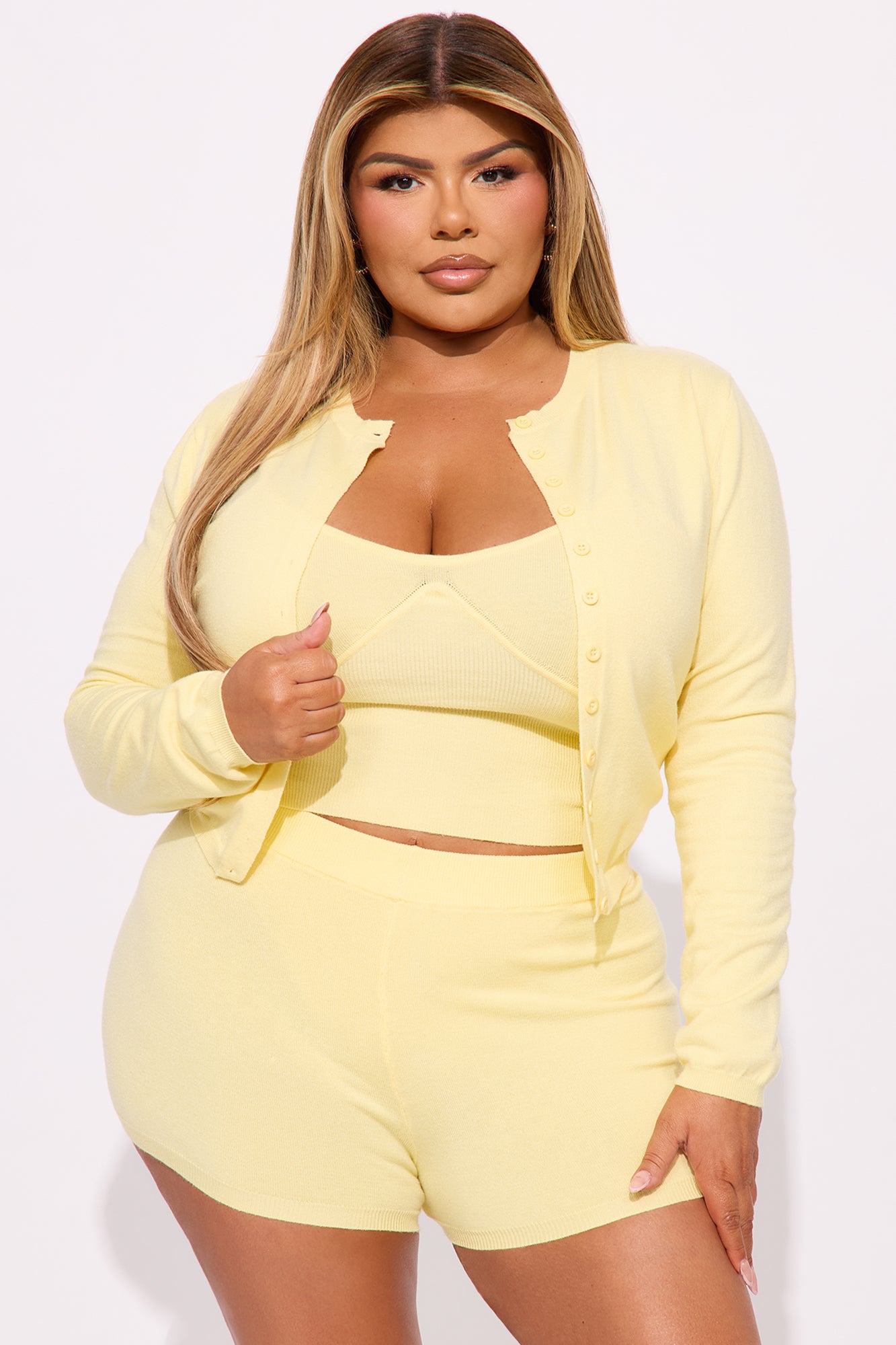 Cutesy Vibe 3 Piece Sweater Short Set - Yellow - Image 6