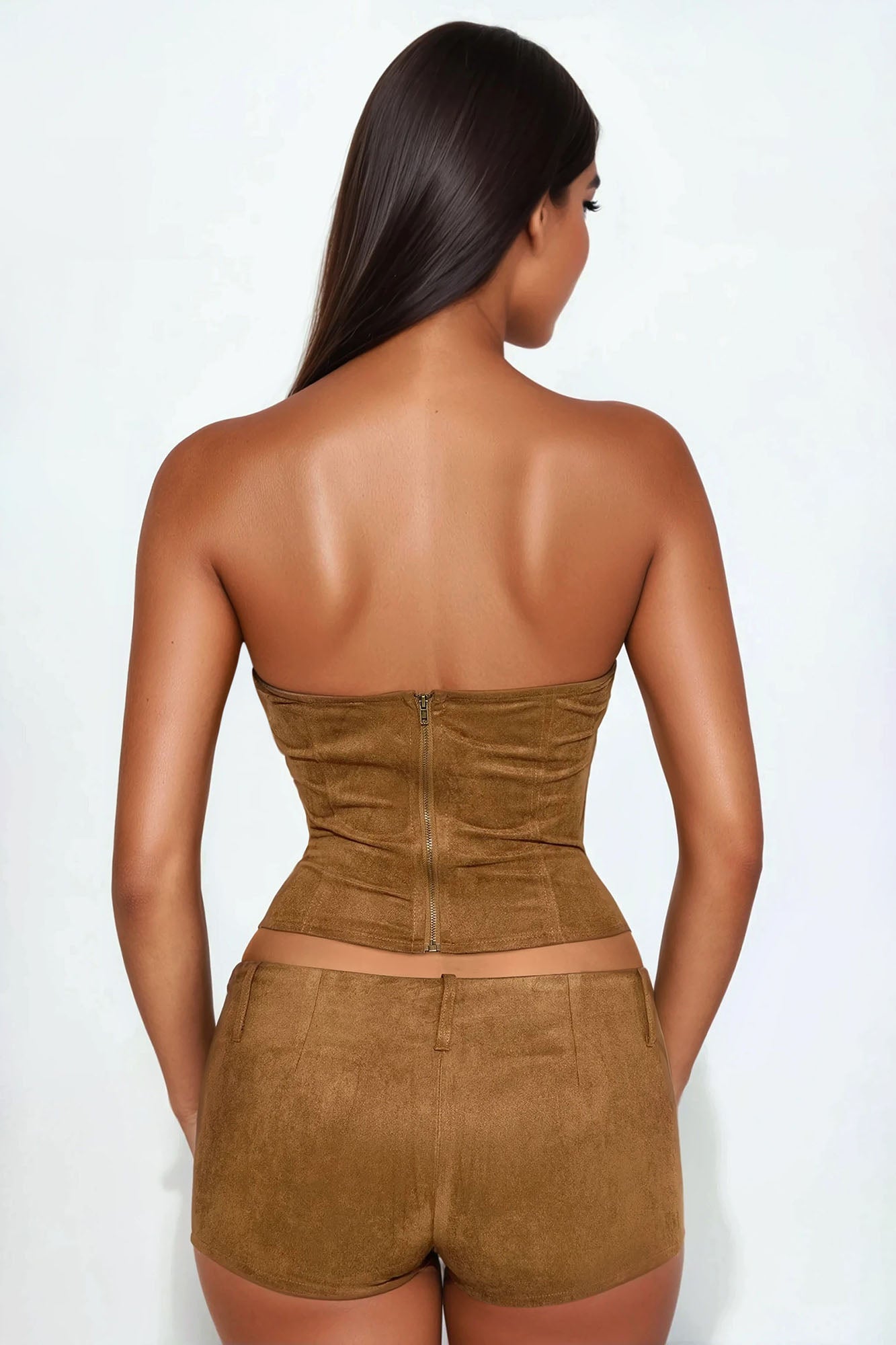 Spicy Chic Faux Leather Corset Short Set - Brown - Image 3