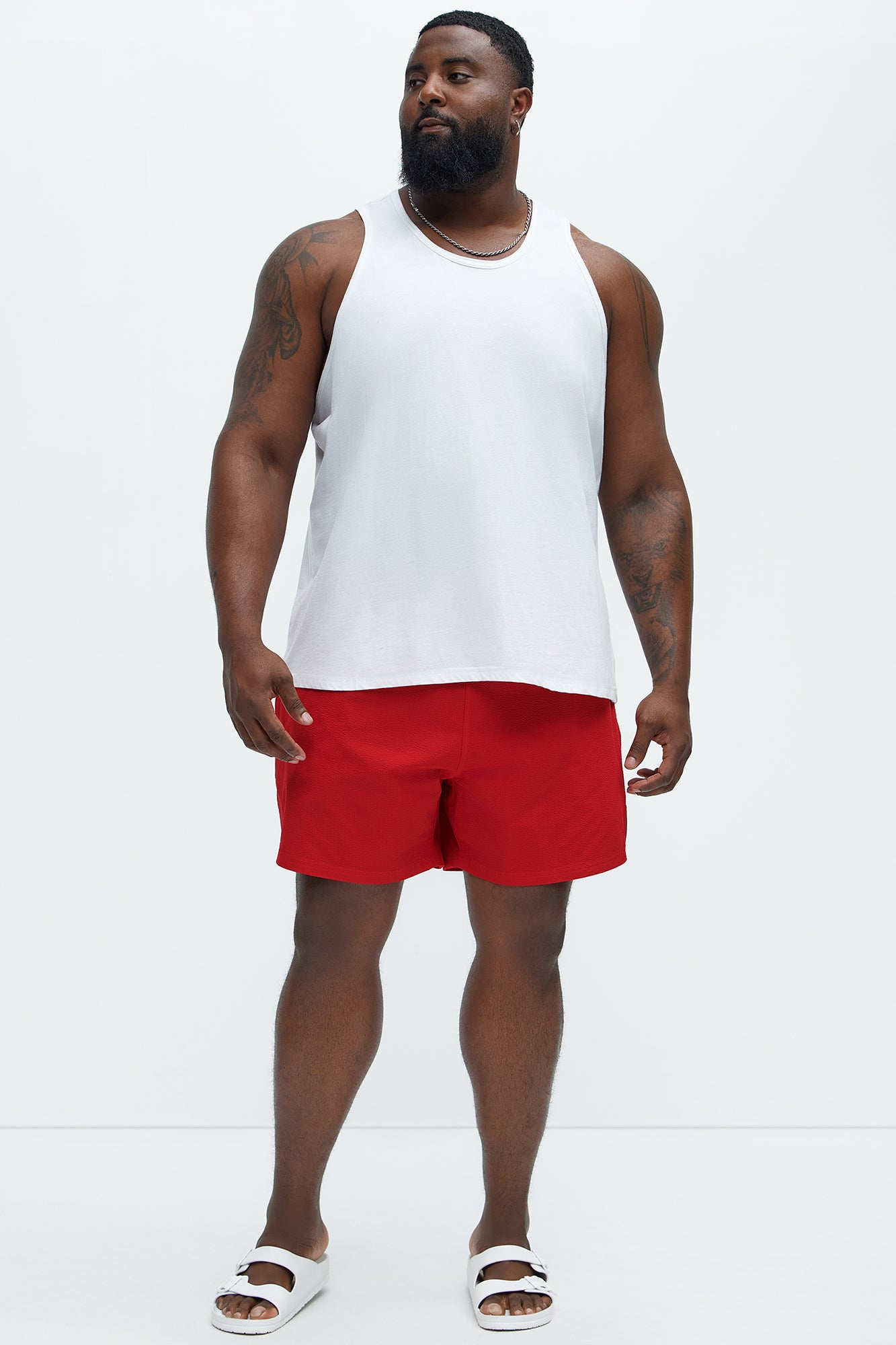 Seersucker Swim Mid Trunk - Red - Image 5