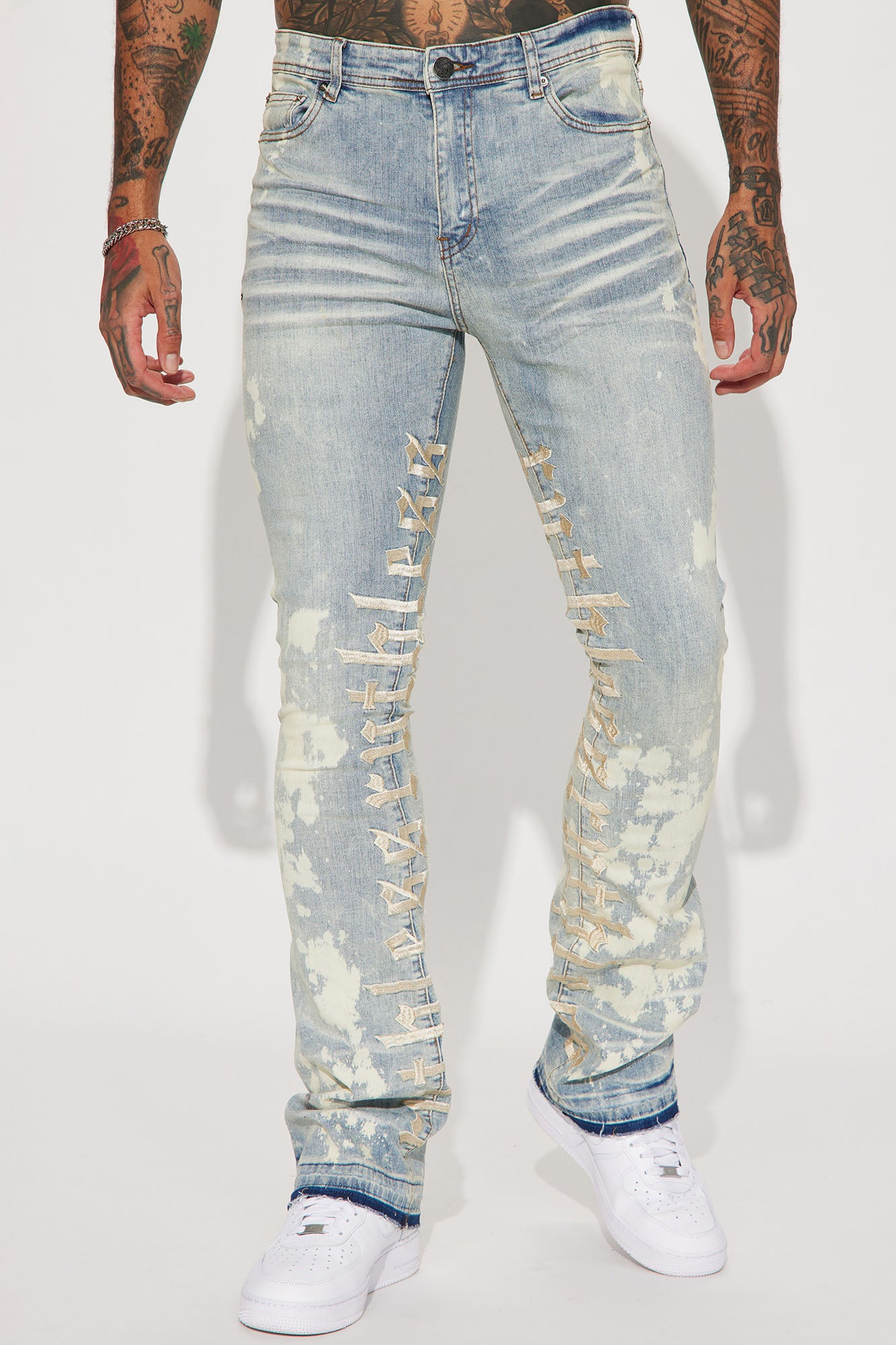 Ruthless Embroidered Stacked Skinny Flare Jeans - Bleach Blue Wash - Image 4