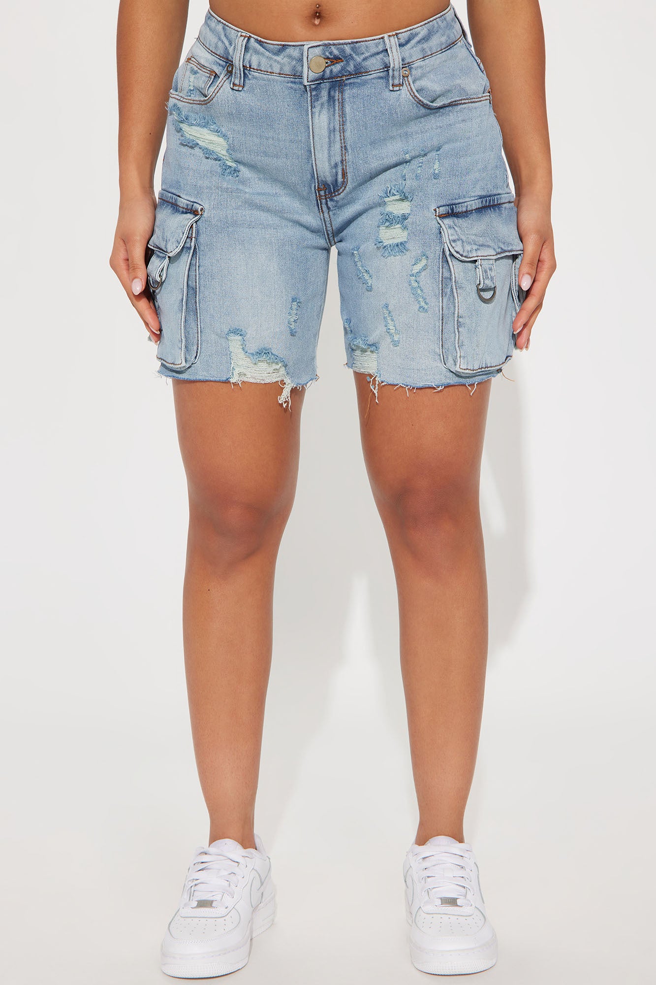 Find A Way Stretch Cargo Denim Shorts - Light Wash - Image 4