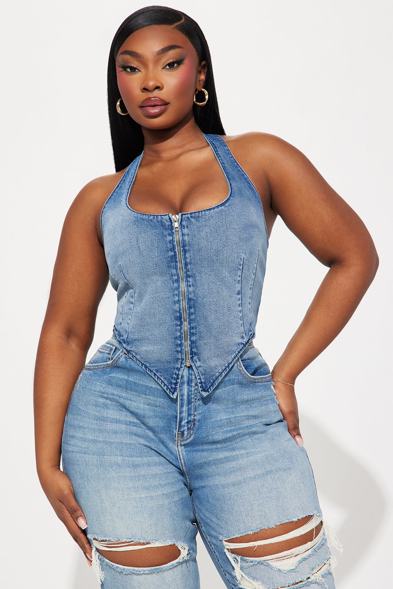 Dominique Denim Halter Top - Medium Wash - Image 5