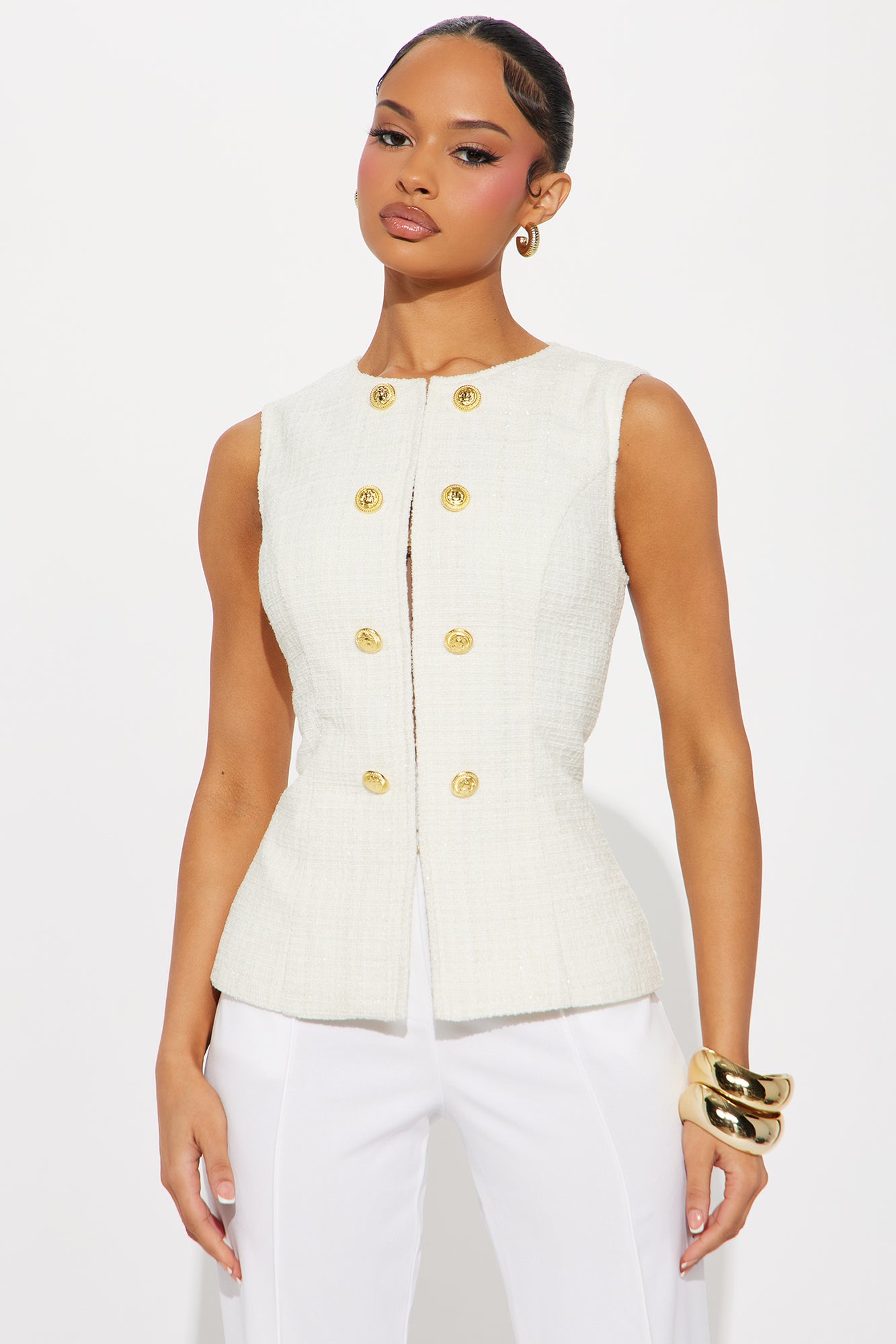 Elegant Love Tweed Vest Top - Ivory - Image 4