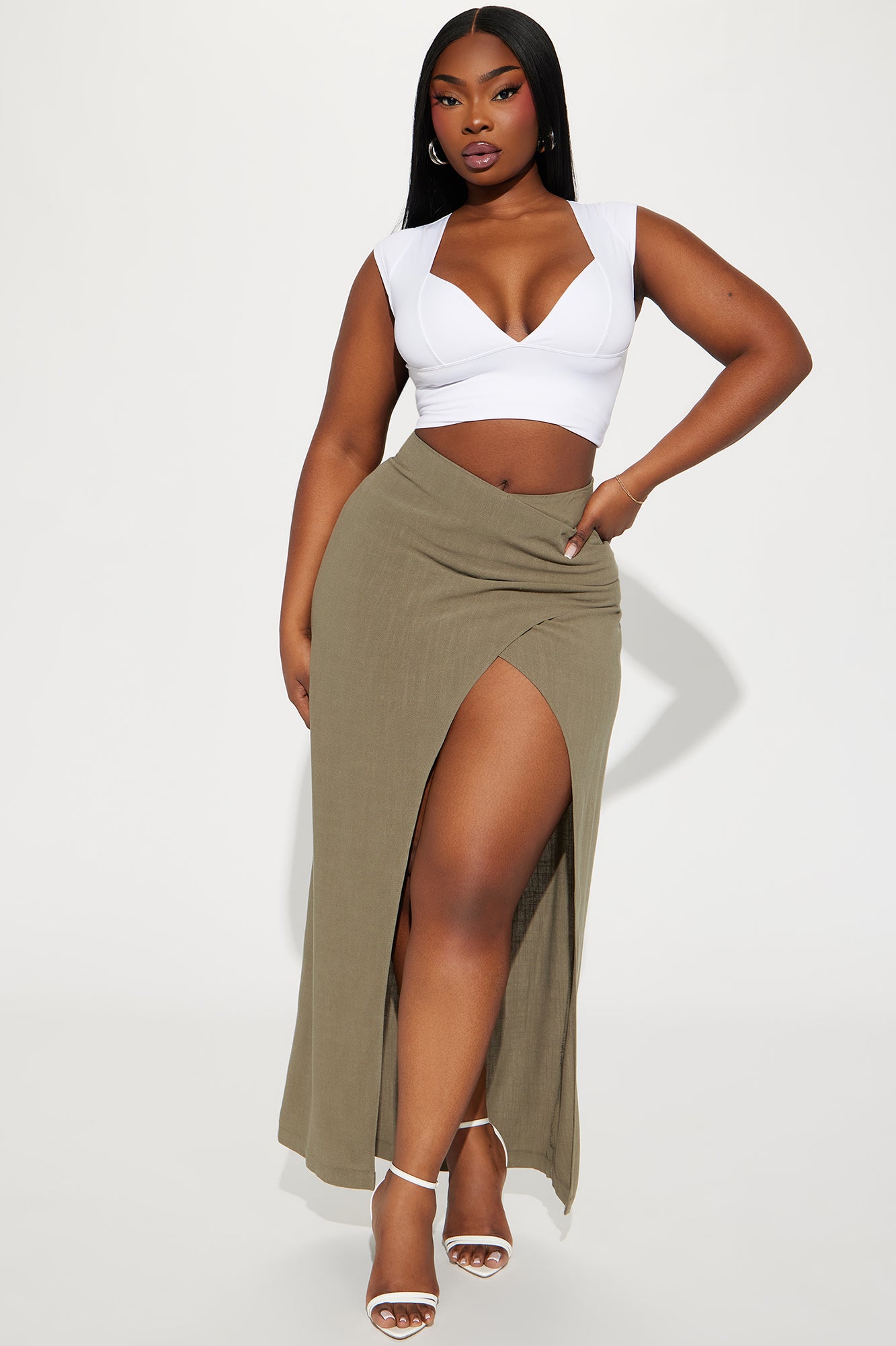 Dezi Linen Slit Maxi Skirt - Olive - Image 6