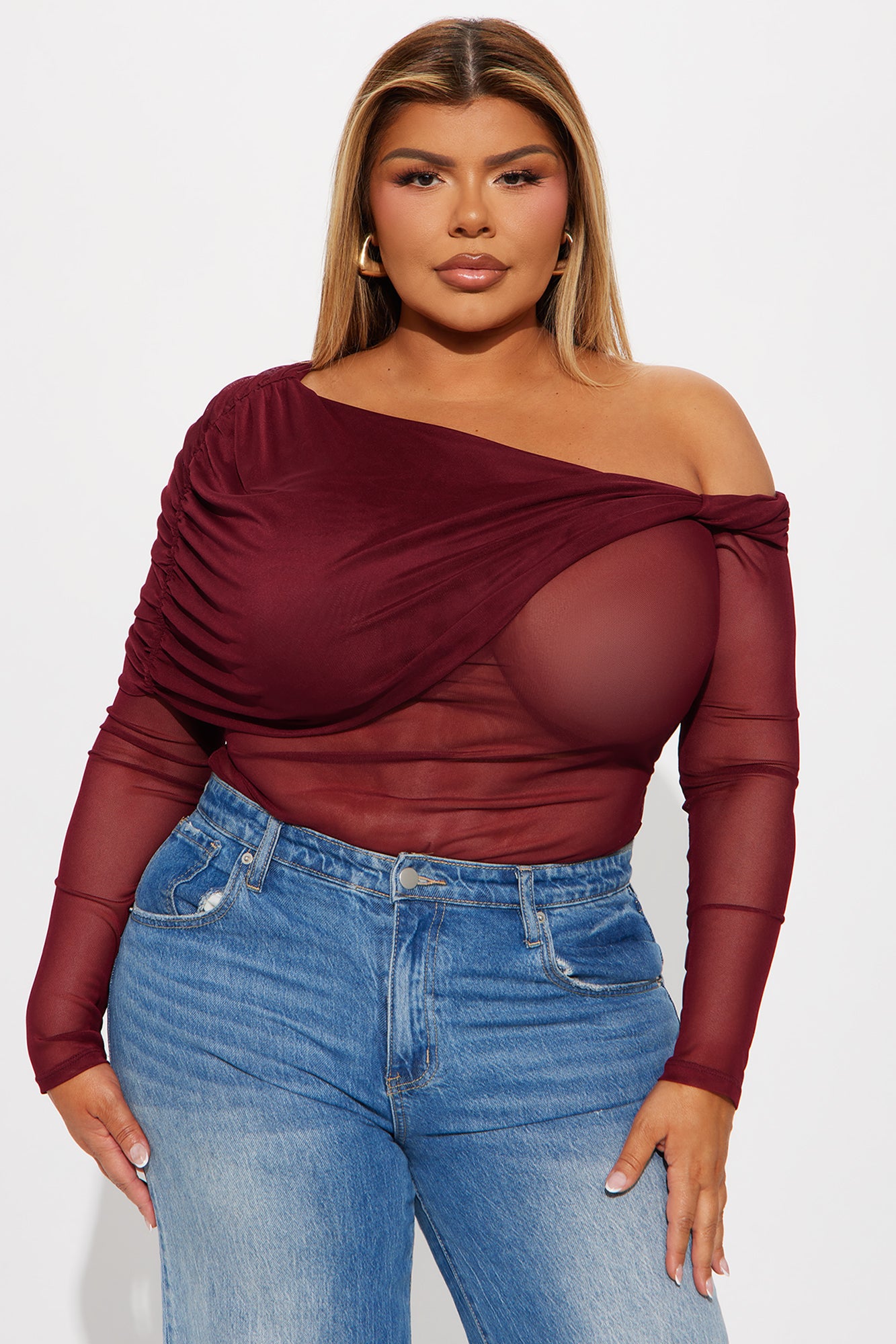 Alena Mesh Off Shoulder Bodysuit - Burgundy - Image 7