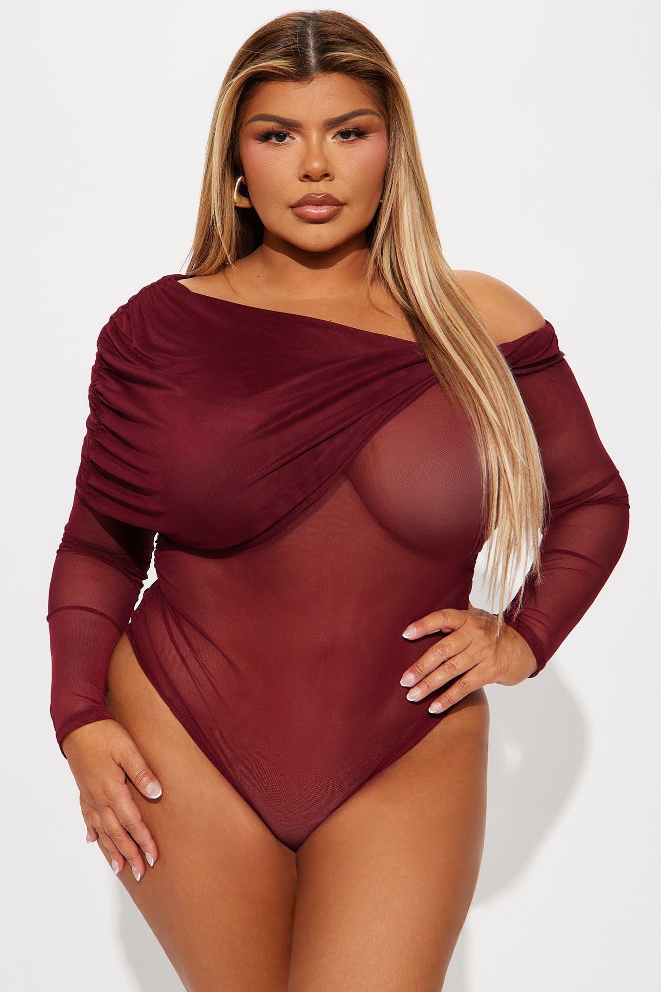 Alena Mesh Off Shoulder Bodysuit - Burgundy - Image 5