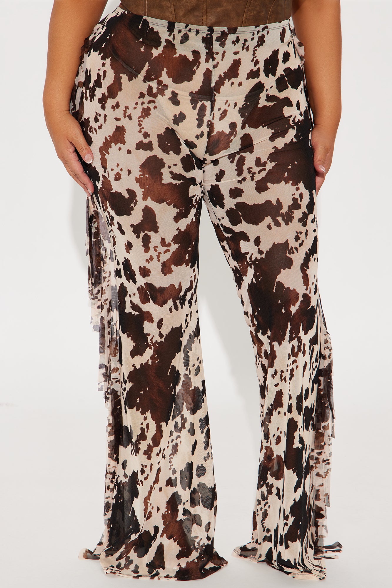 Wild Thing Mesh Cow Print Wide Leg Pant - Chocolate/Combo - Image 5