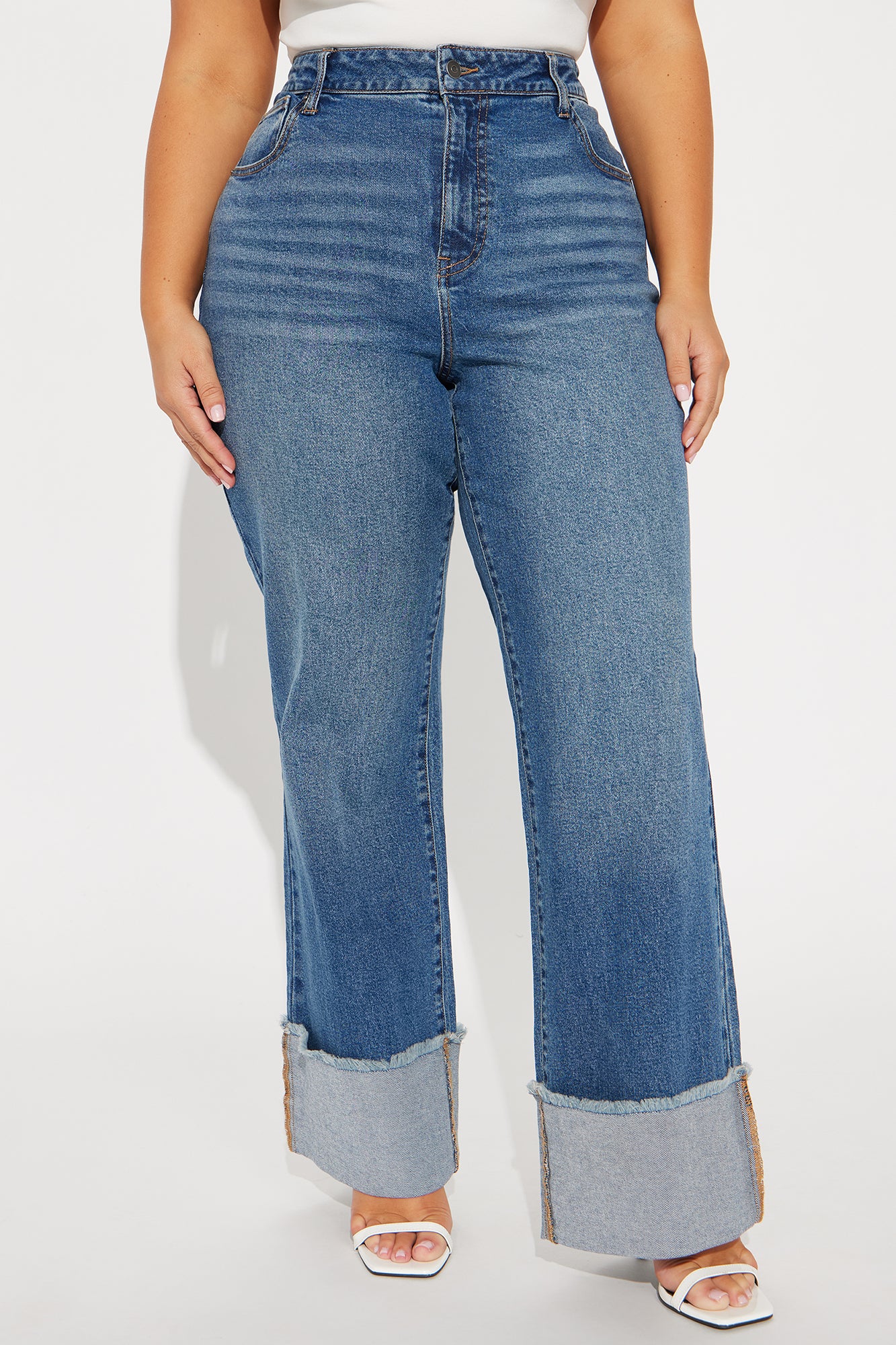 All The While Cuffed Wide Leg Jeans - Medium Wash - Image 5