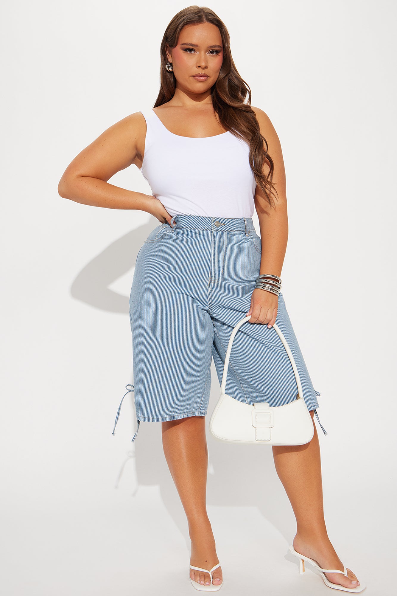 Oceanside Striped Denim Jorts - Light Wash - Image 6