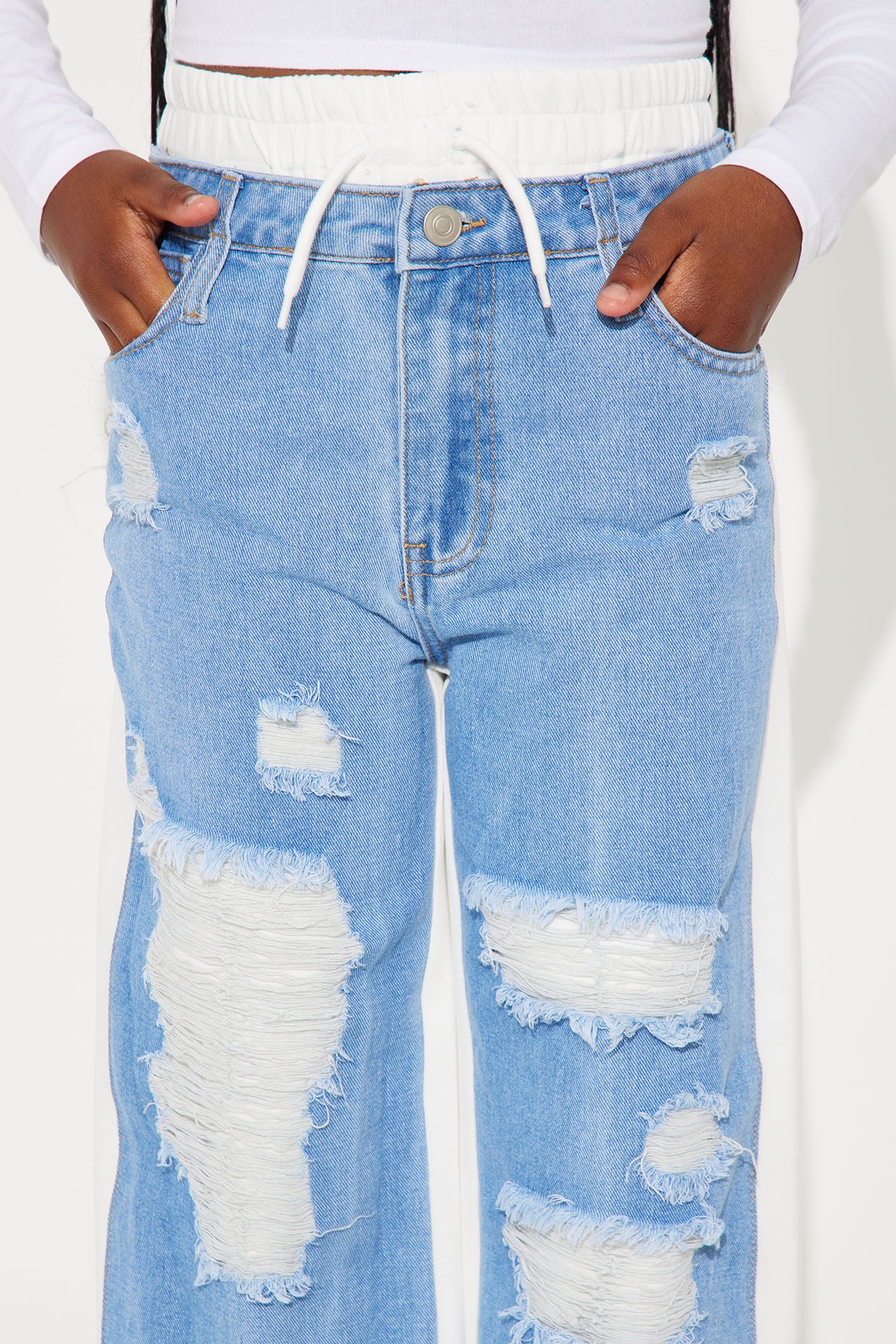 Mini Eileen Denim Contrast Double Waistband Pant - White/combo - Image 3