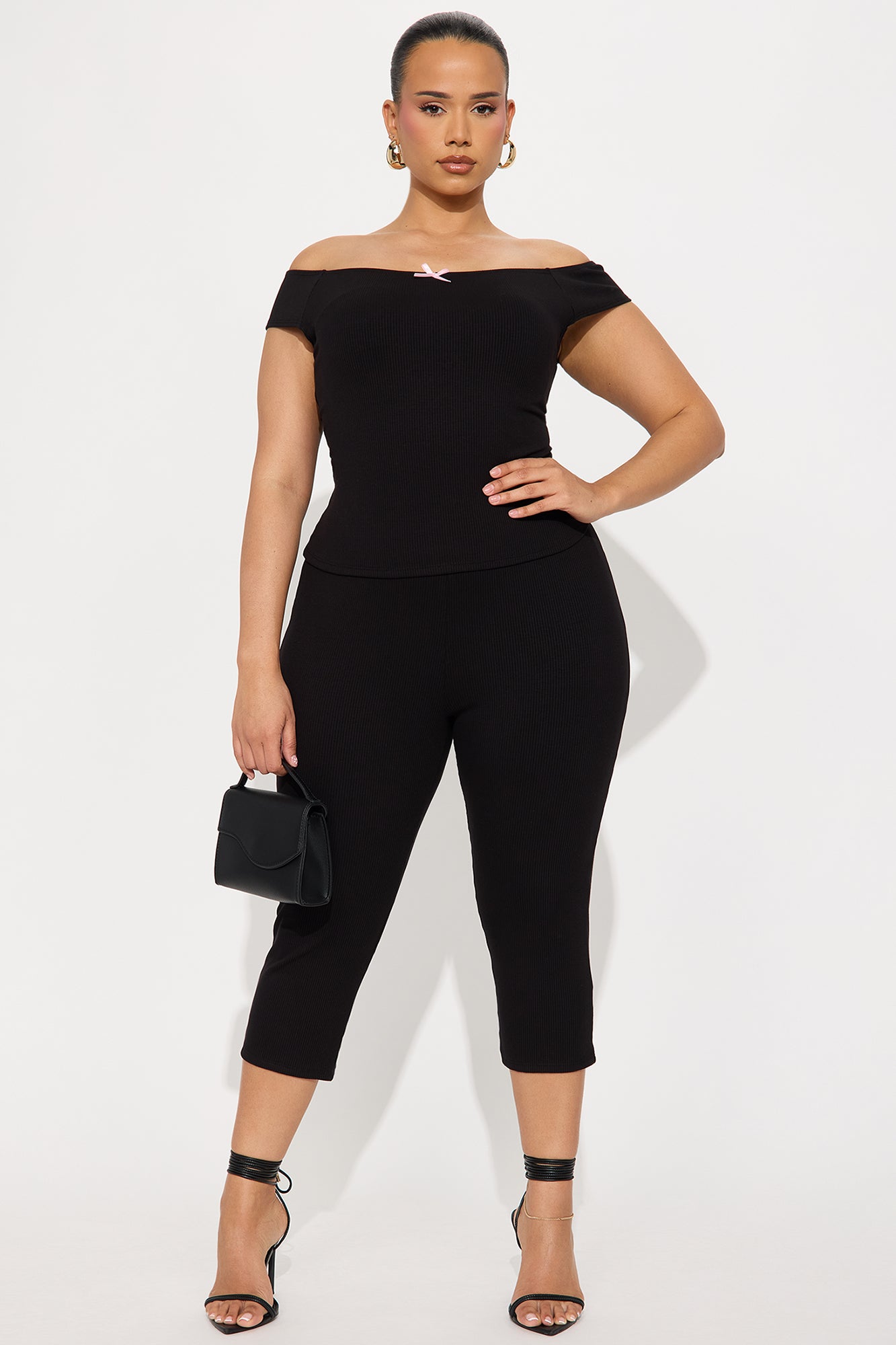 Clara Off Shoulder Ribbed Capri Set - Black - Image 4