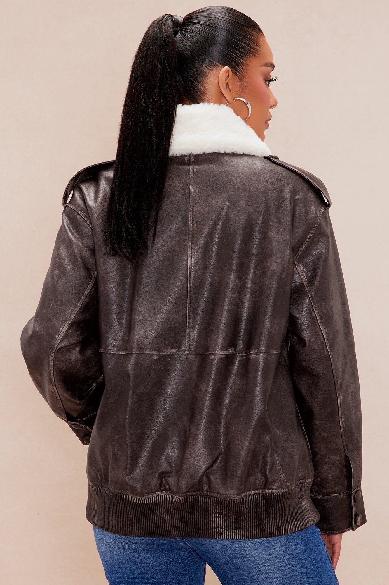 Cherry Faux Leather Aviator Jacket - Brown/combo - Image 5