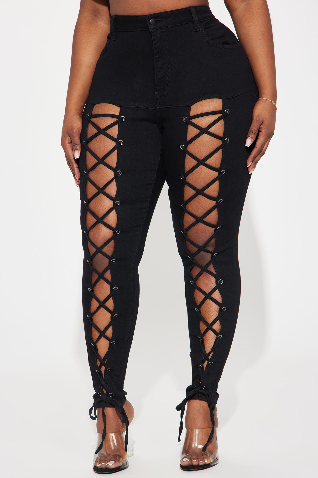 Bottle Service Lace Up Skinny Jeans - Black - Image 5