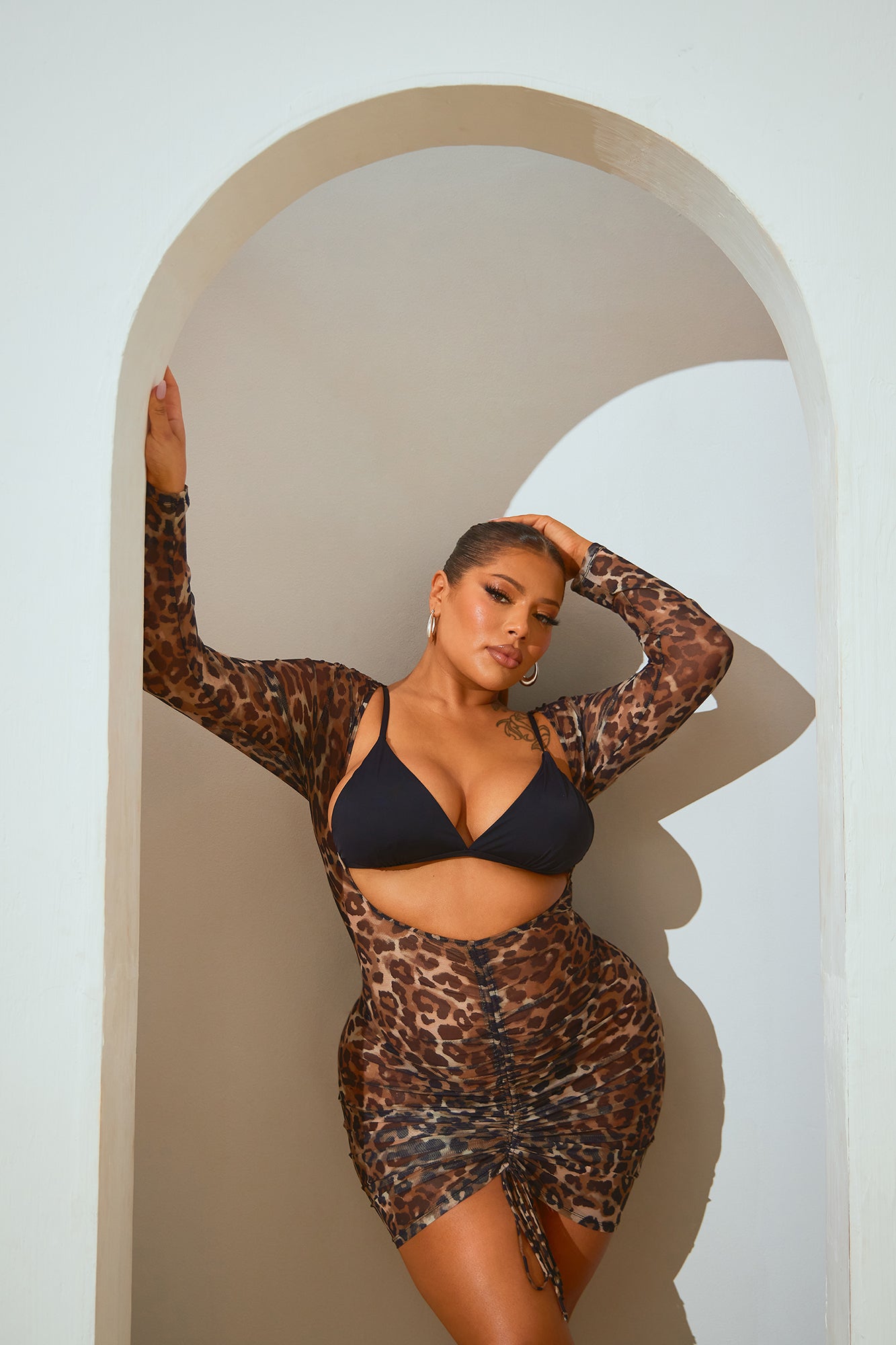 Summers In Greece Mesh Ruched Cover Up Dress - Brown/Combo - Image 4