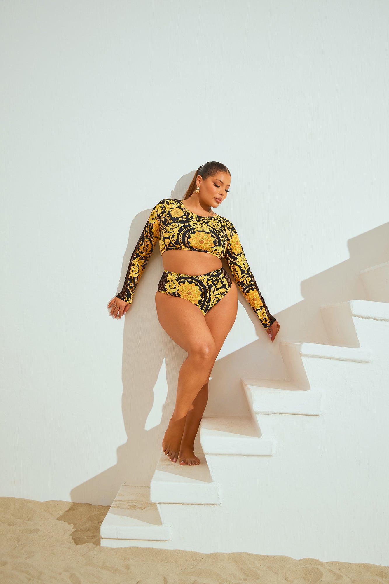 Belize Babe Long Sleeve Mesh 2 Piece Bikini - Black/Gold - Image 6