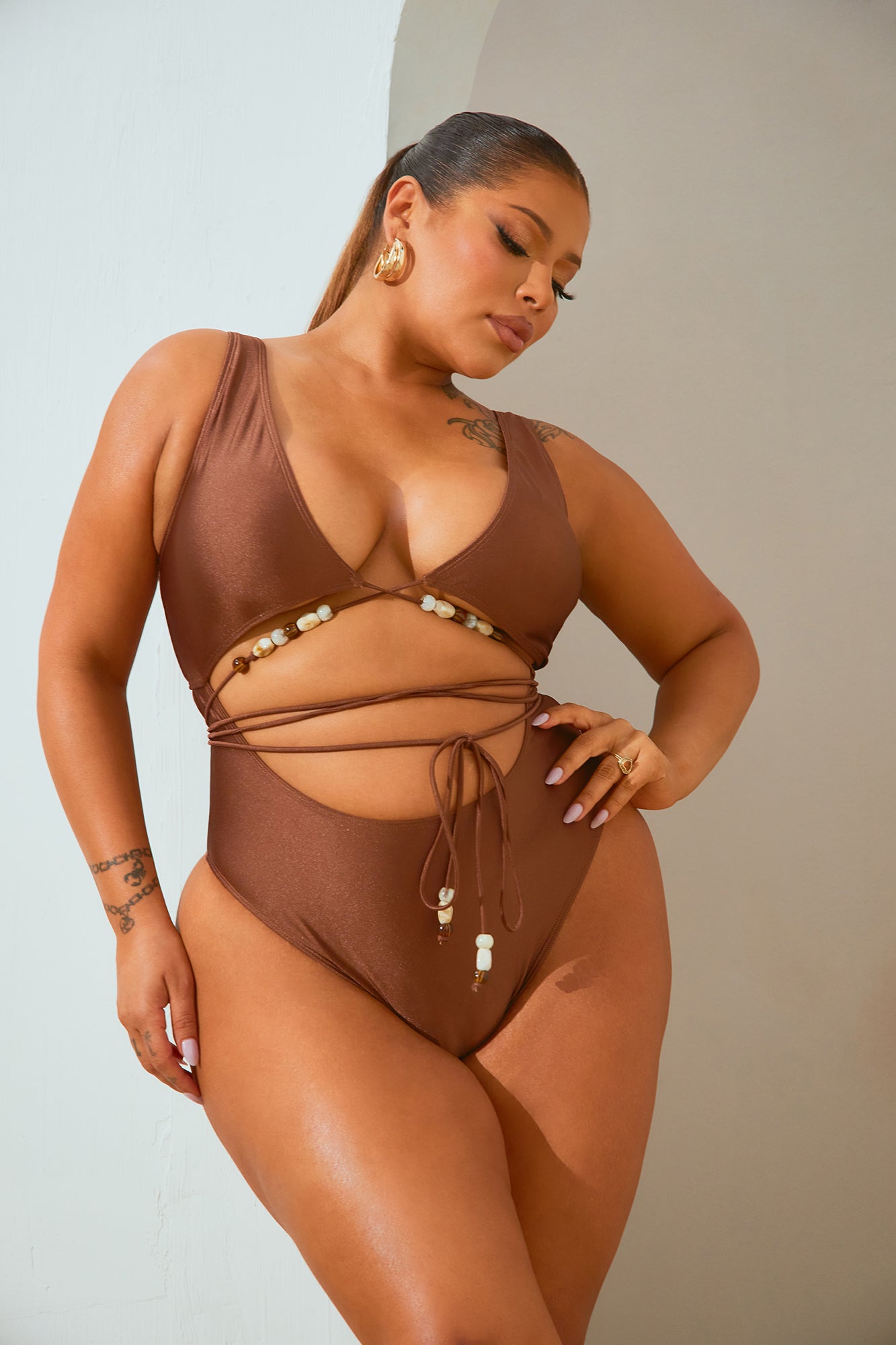 Pebble Beach Beaded 1 Piece Swimsuit - Chocolate - Image 5
