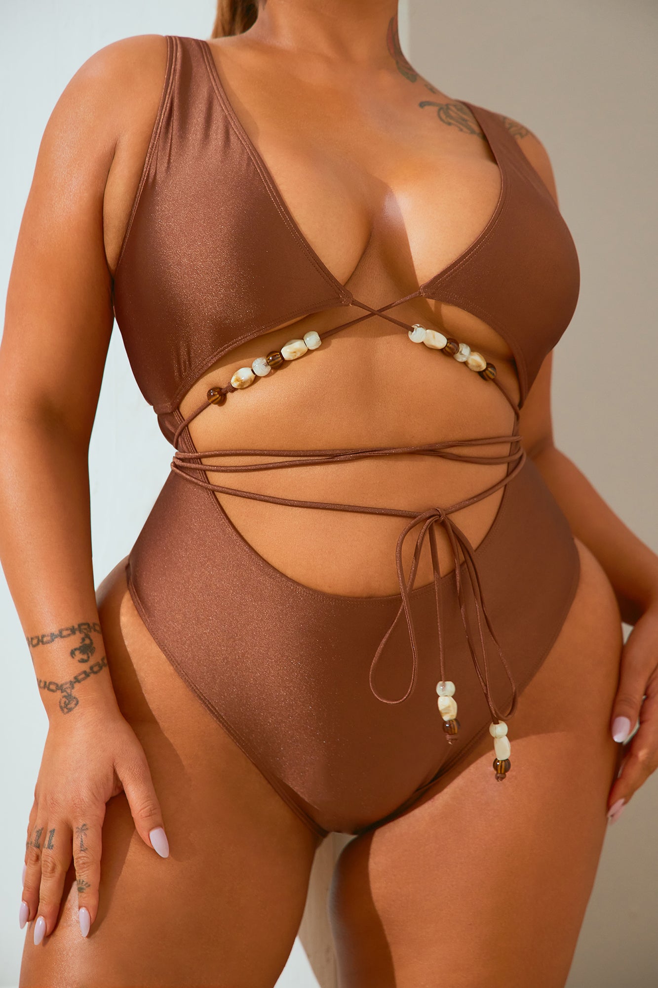 Pebble Beach Beaded 1 Piece Swimsuit - Chocolate - Image 7