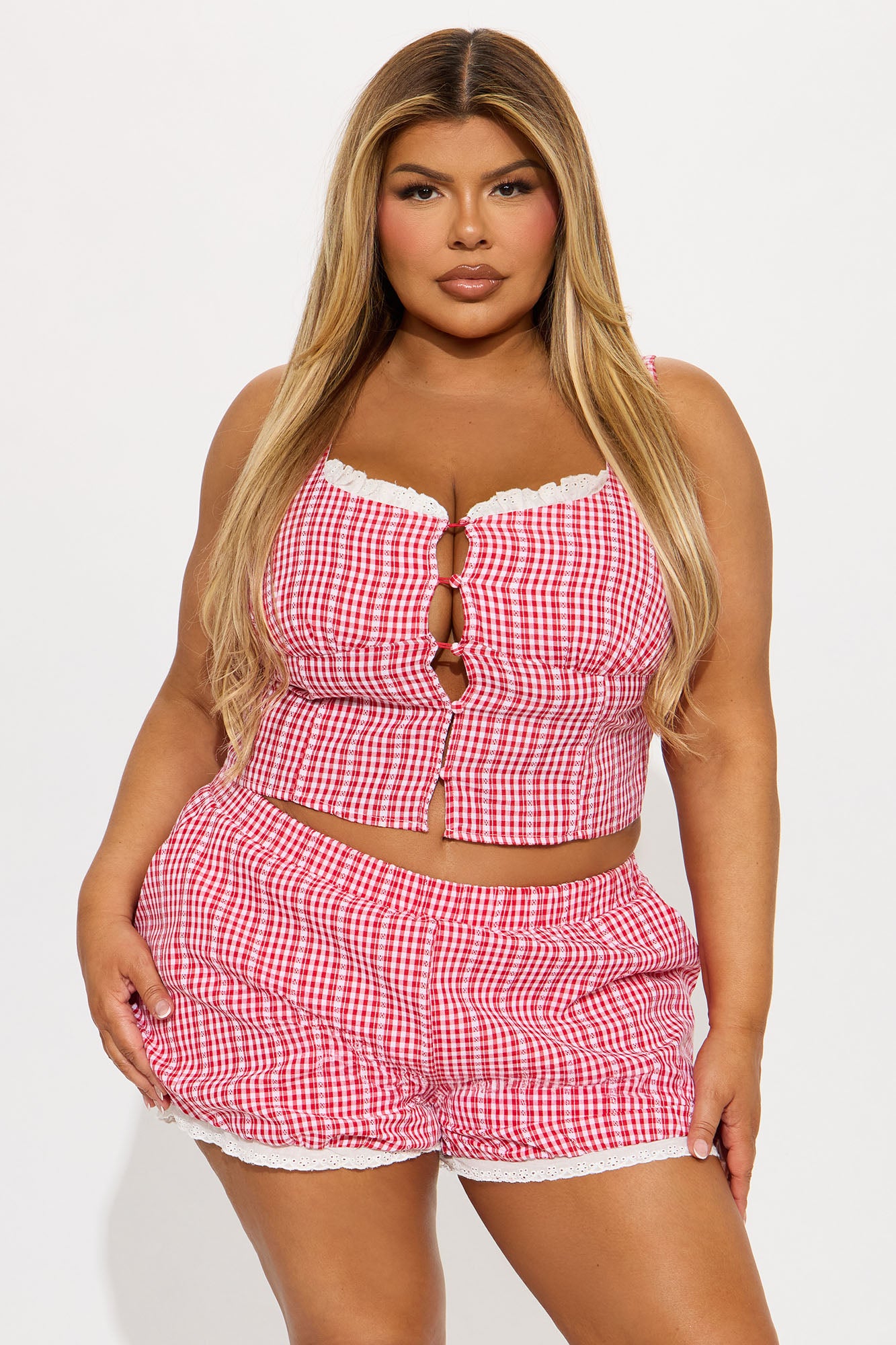 Gia Gingham Bubble Hem Short Set - Red/combo - Image 4