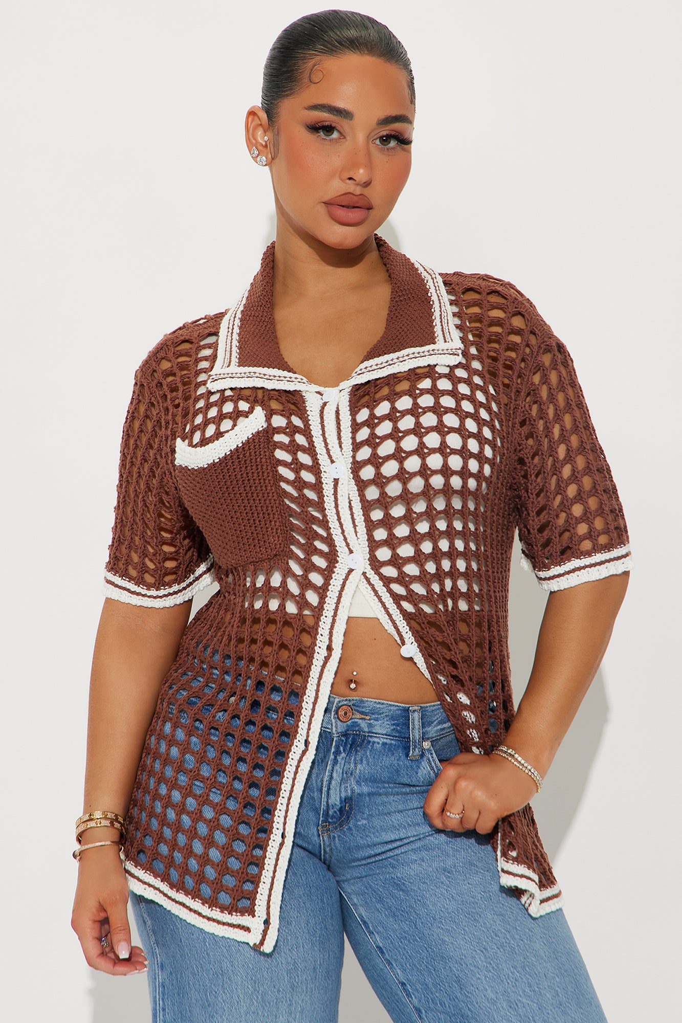 Delphine Oversized Crochet Shirt - Chocolate/Combo - Image 3