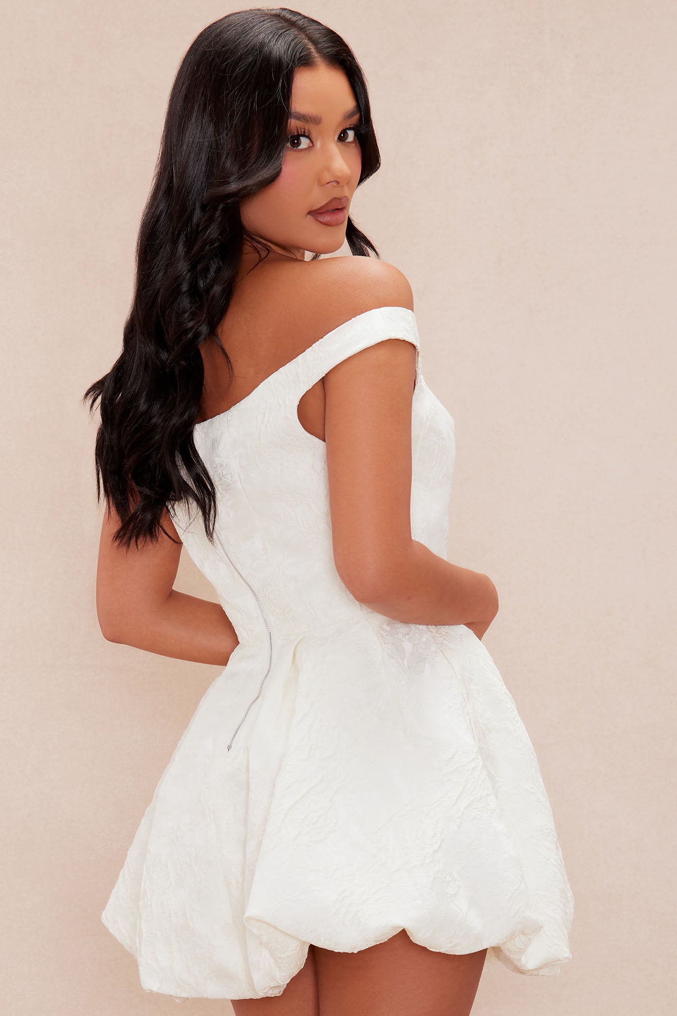Belle Jacquard Mini Dress - Cream - Image 4
