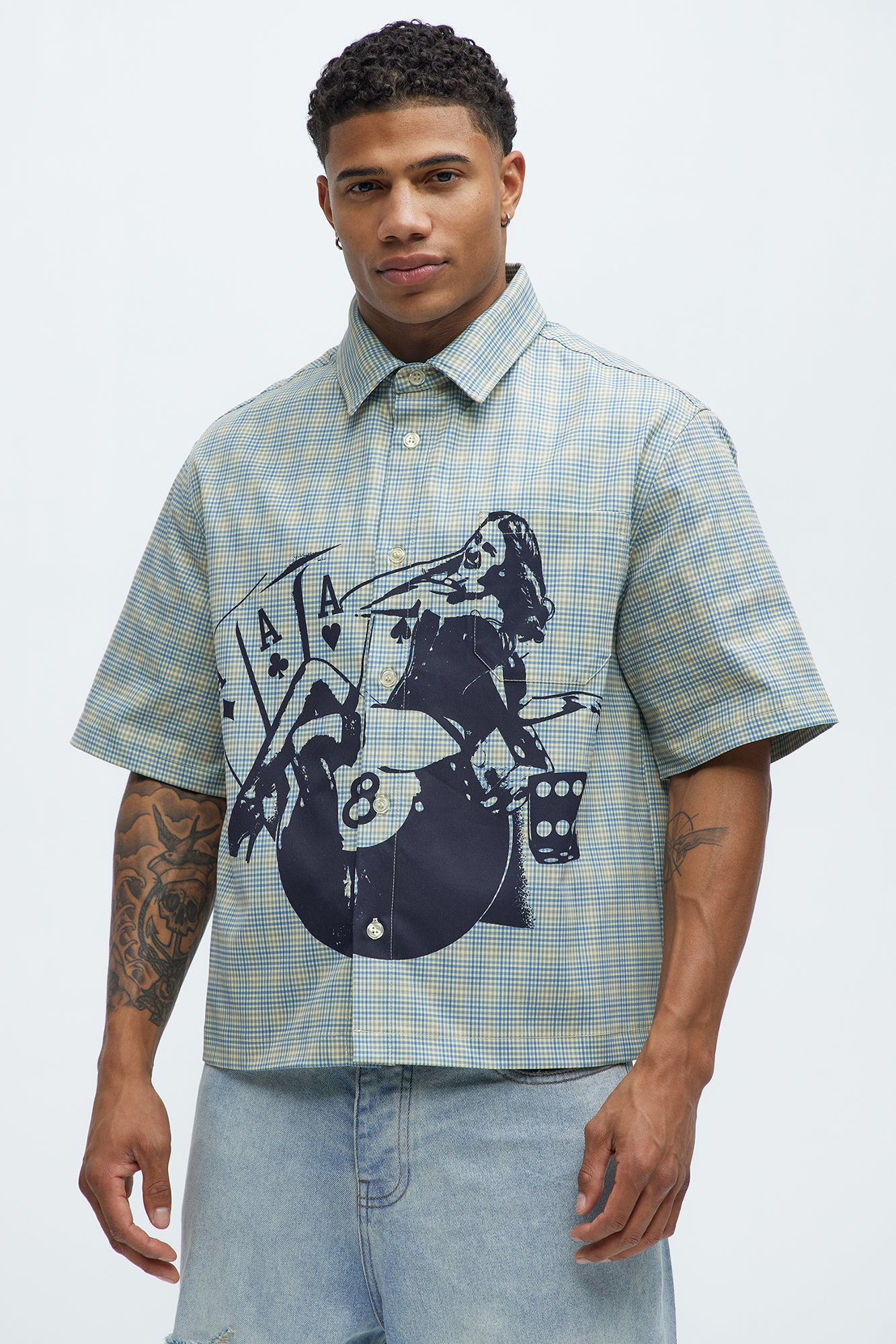 Cropped Pin Up Graphic Button Up Shirt - Green/combo - Image 3