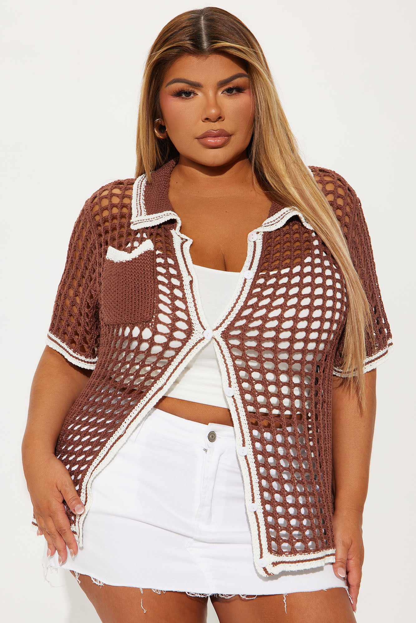 Delphine Oversized Crochet Shirt - Chocolate/Combo - Image 5