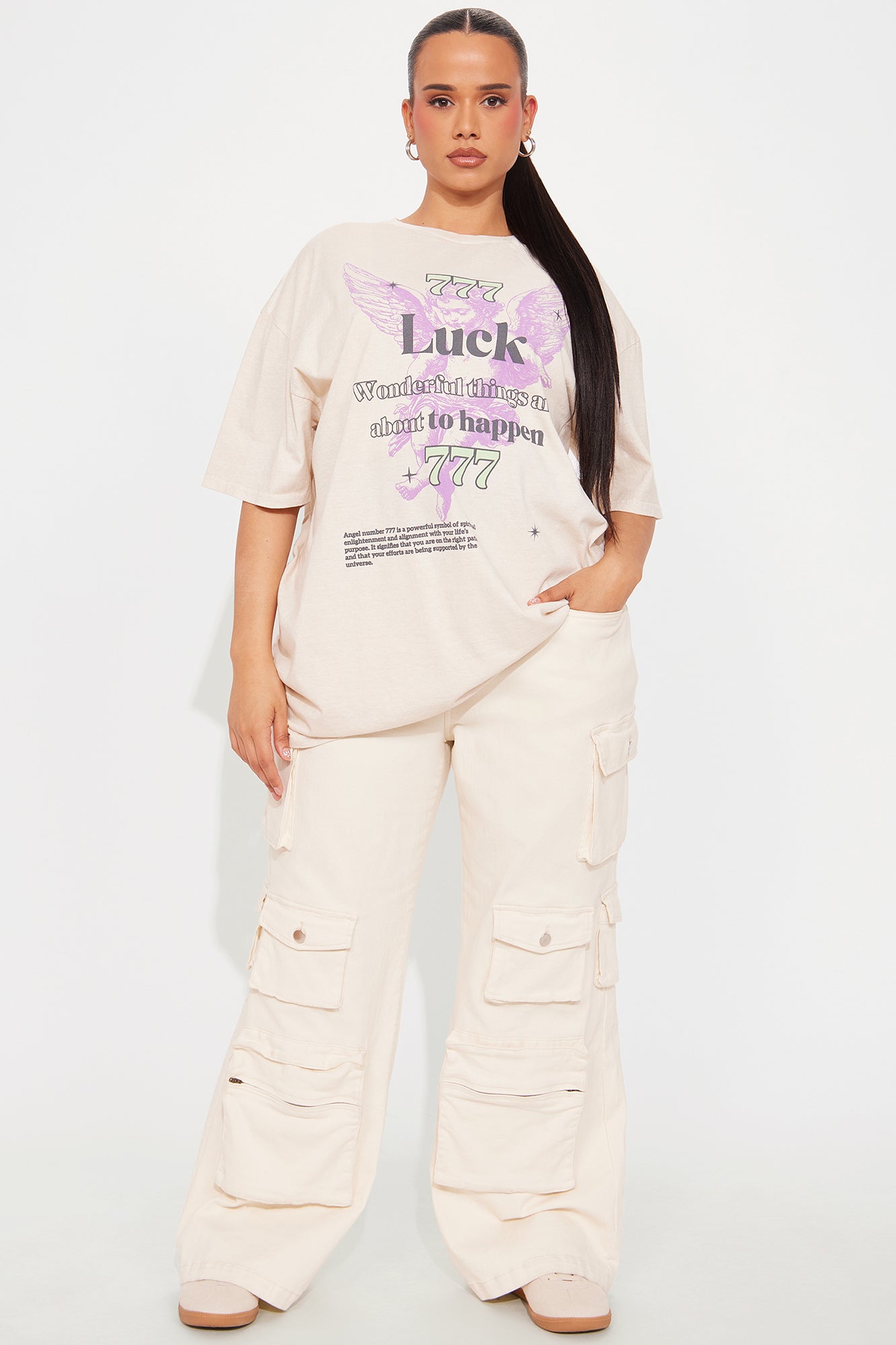 Angel Luck 777 Washed Oversized Tee - Natural - Image 6