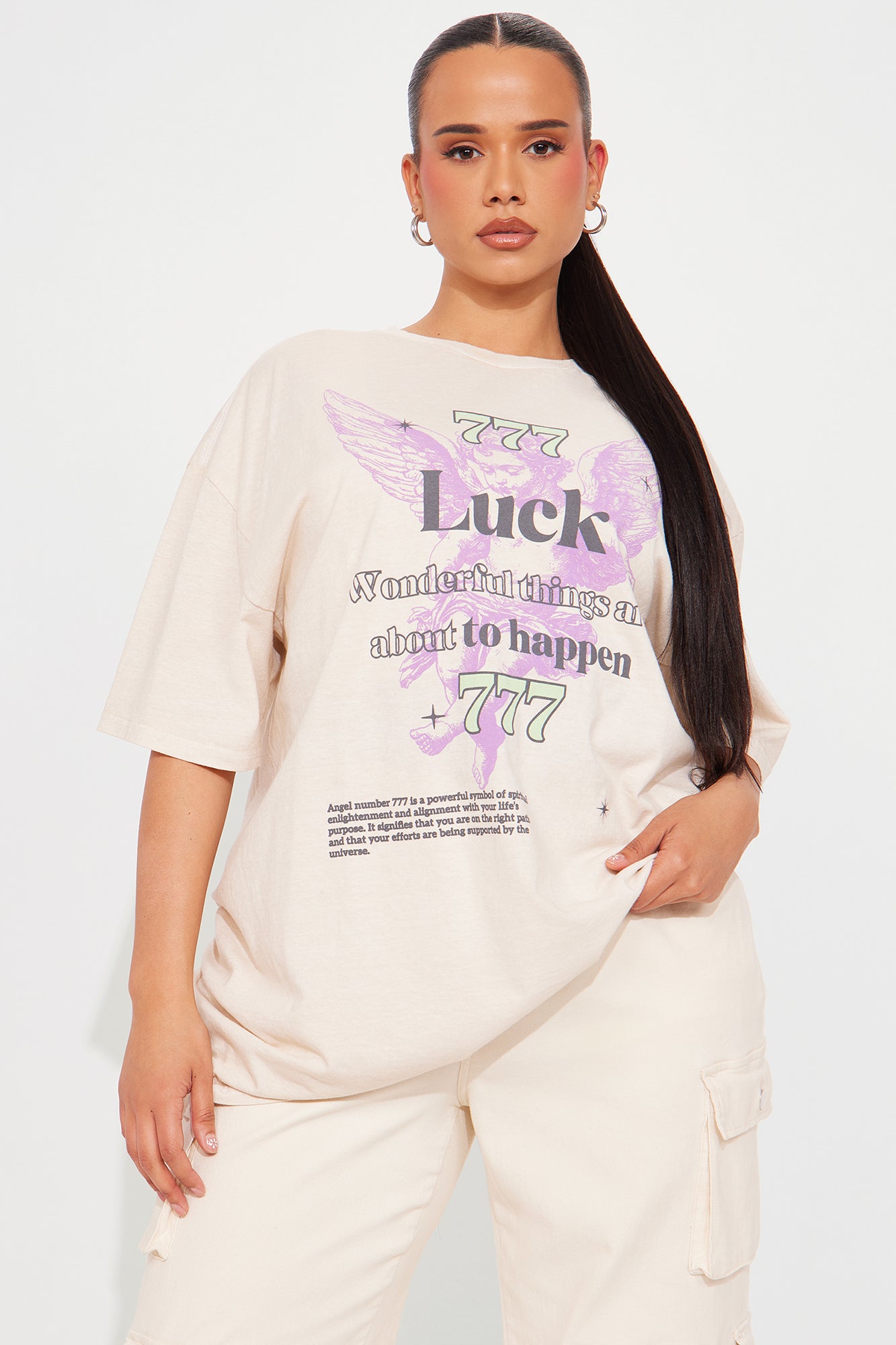 Angel Luck 777 Washed Oversized Tee - Natural - Image 5