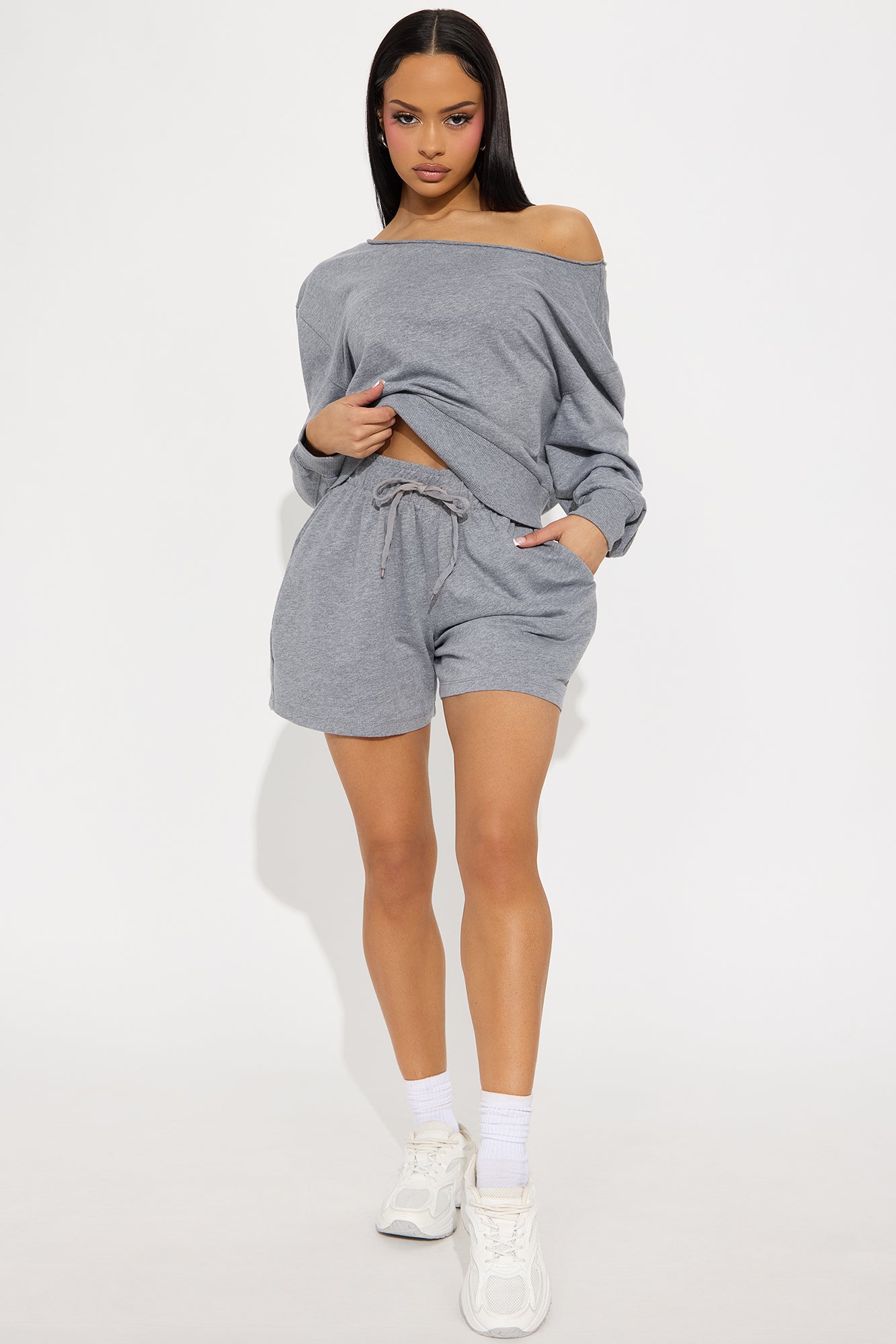 Unwind Washed Off Shoulder Short Set - Heather Grey - Image 3