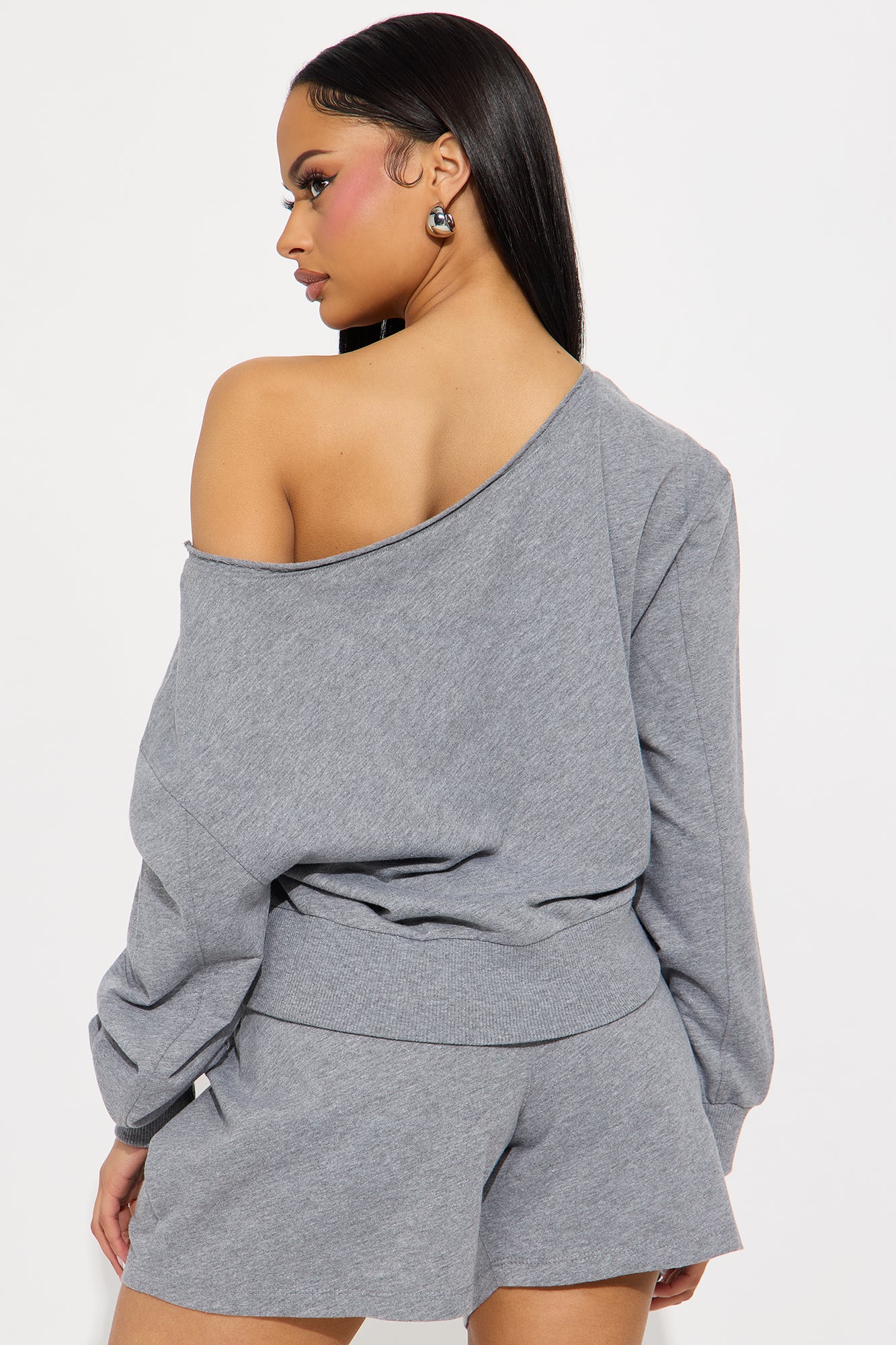 Unwind Washed Off Shoulder Short Set - Heather Grey - Image 4