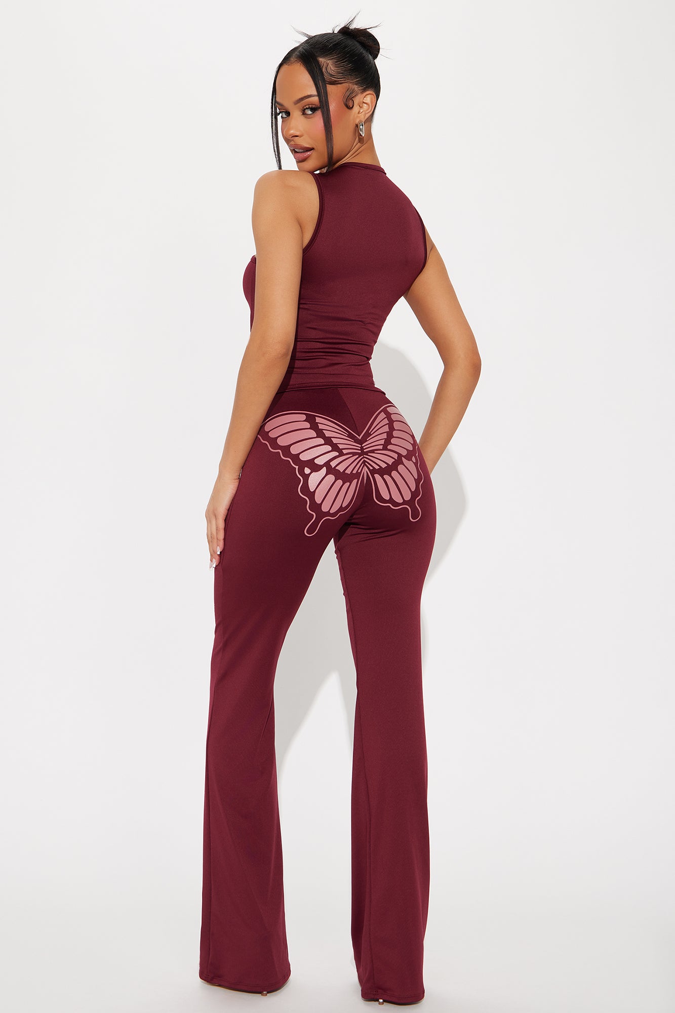 Flutter Effect Flare Pant Set - Wine - Image 3
