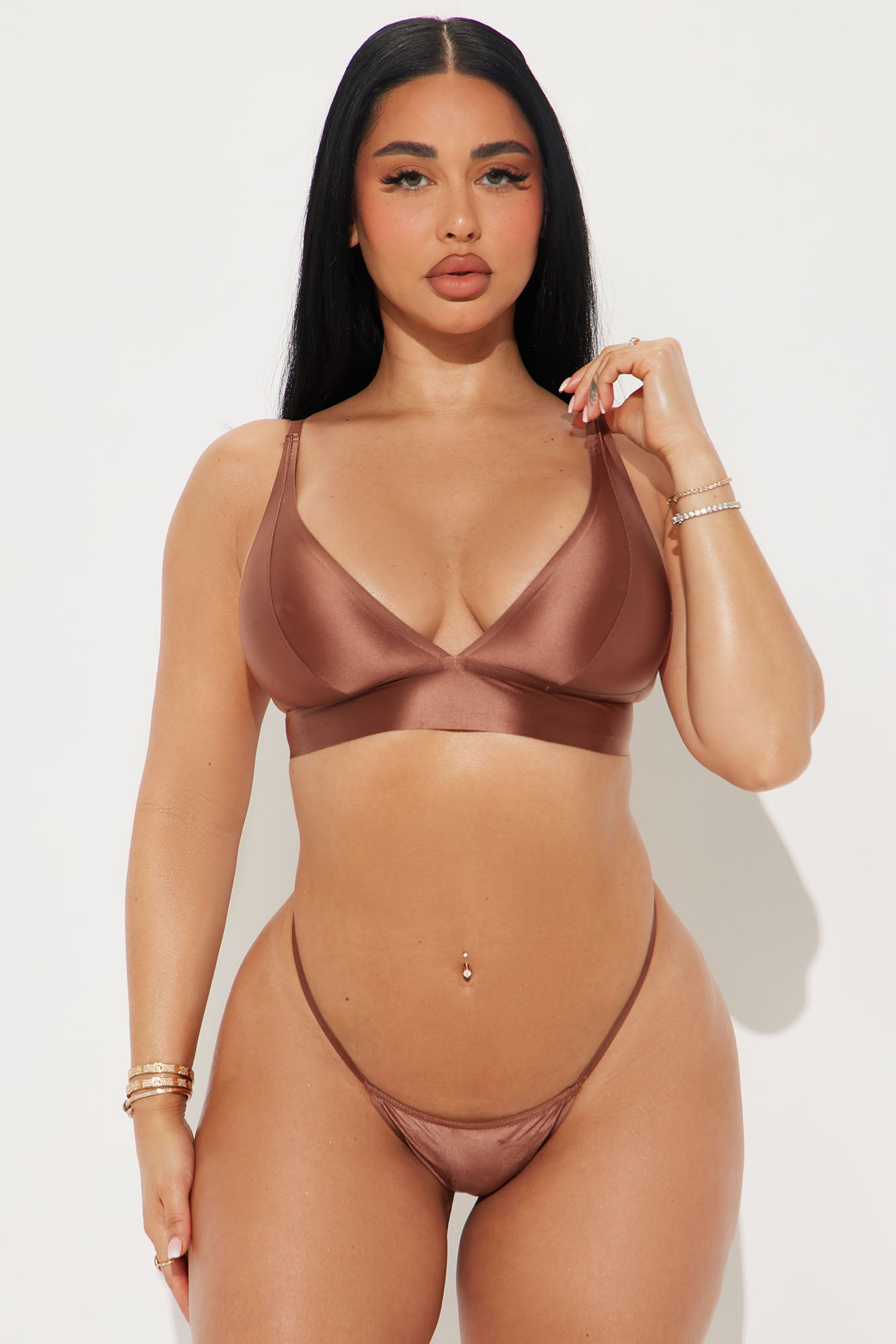 Too Smooth Satin Plunge Bralette - Mocha - Image 3