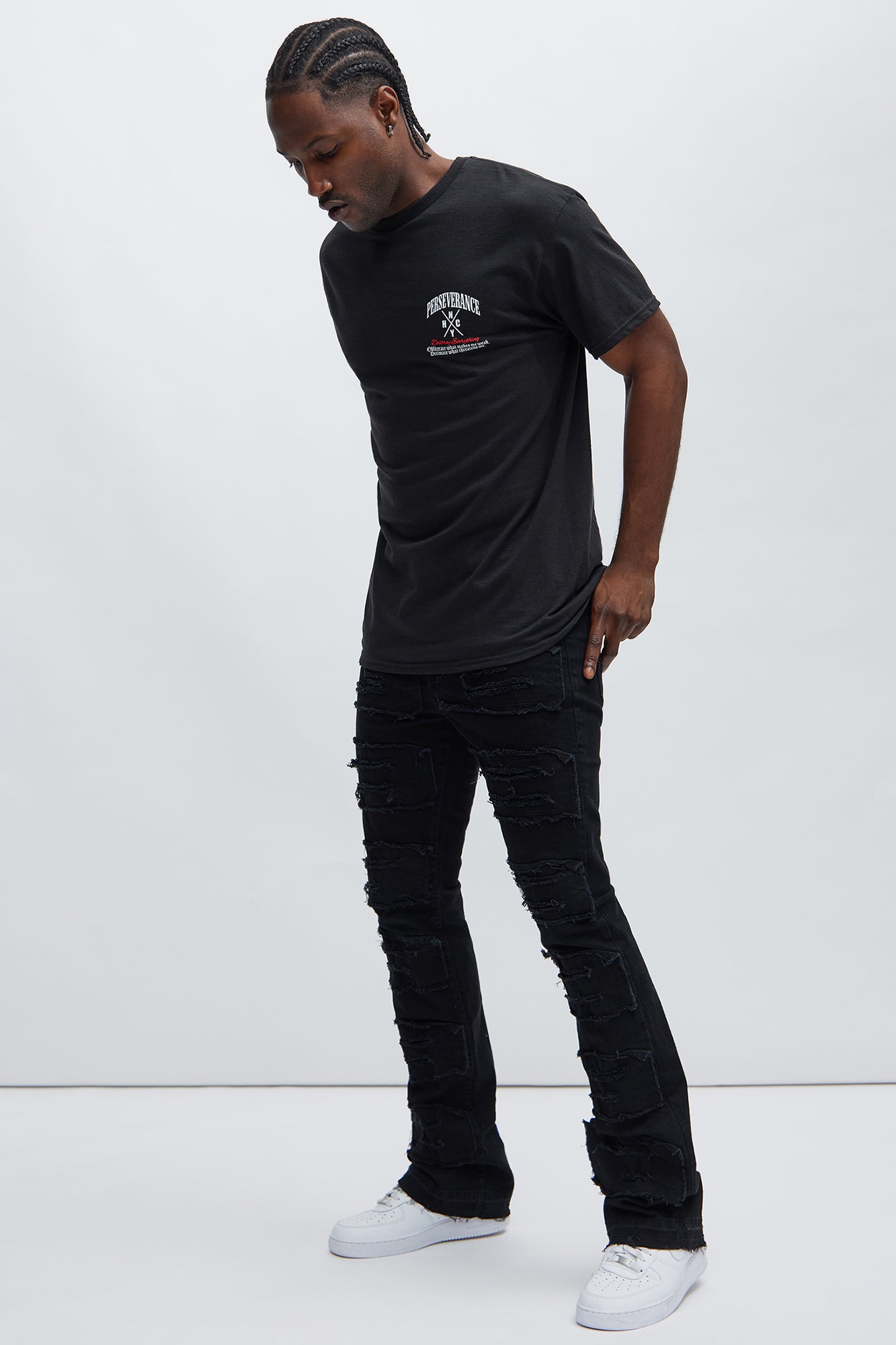 Patch Ripped Stacked Skinny Flare Jeans - Black - Image 3