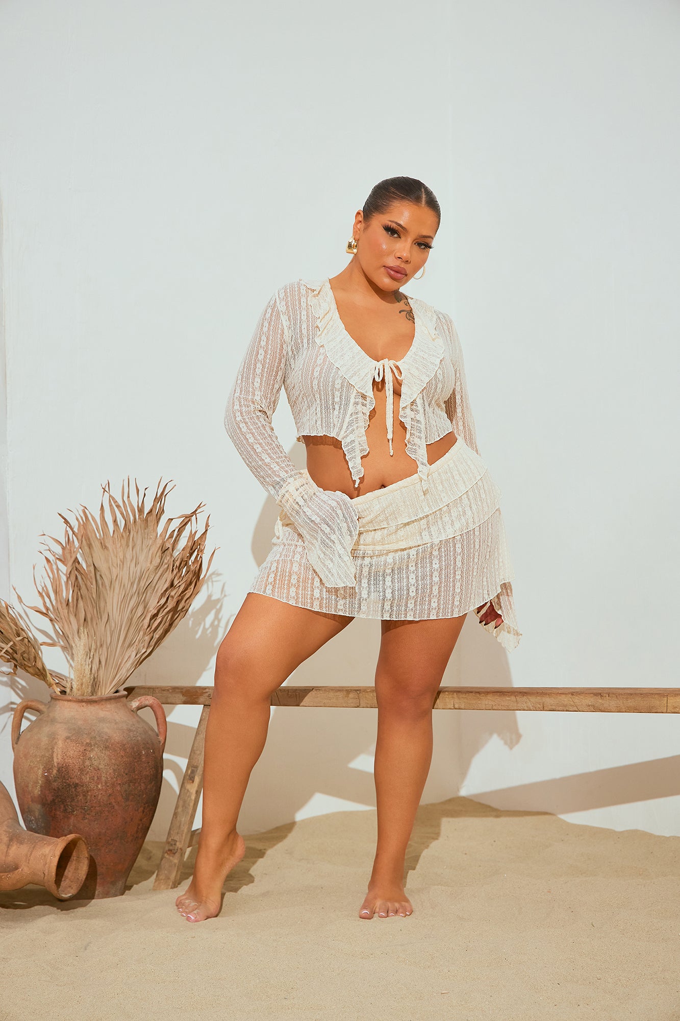 Camelia Lace Ruffle Cover Up Skirt Set - Cream - Image 10