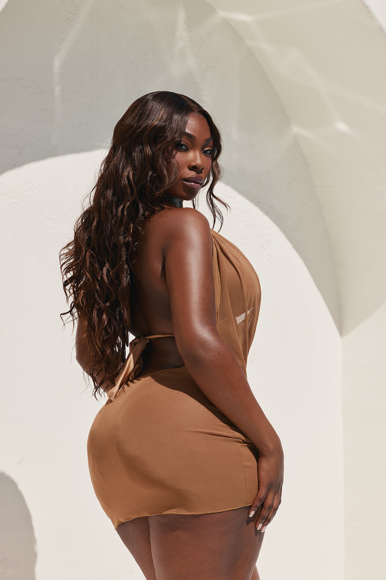 Alyssa Cowl Neck Backless Mesh Cover Up Mini Dress - Mocha - Image 6